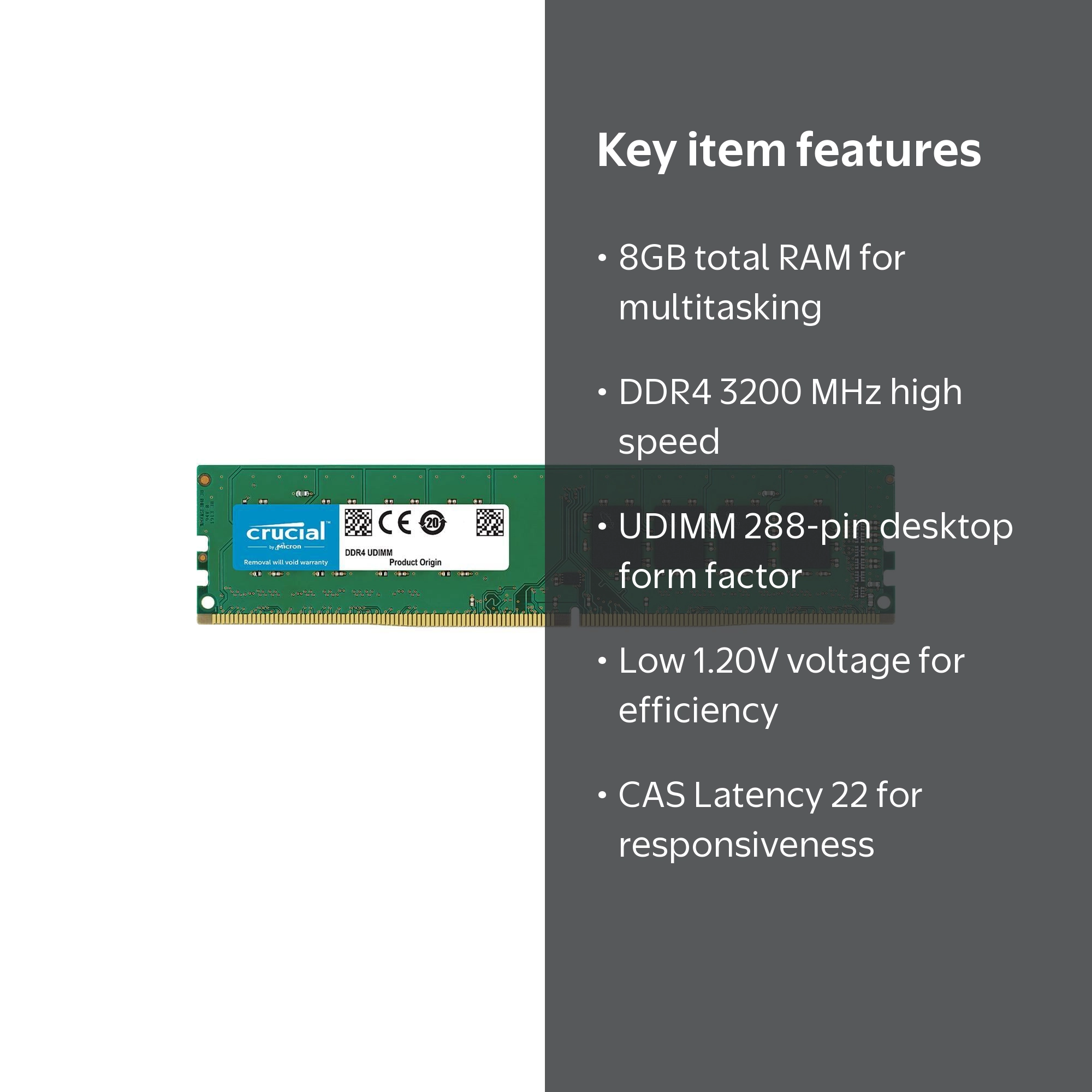 Crucial 8GB DDR4 3200 Gaming PC RAM, 288-Pin Desktop Memory Model