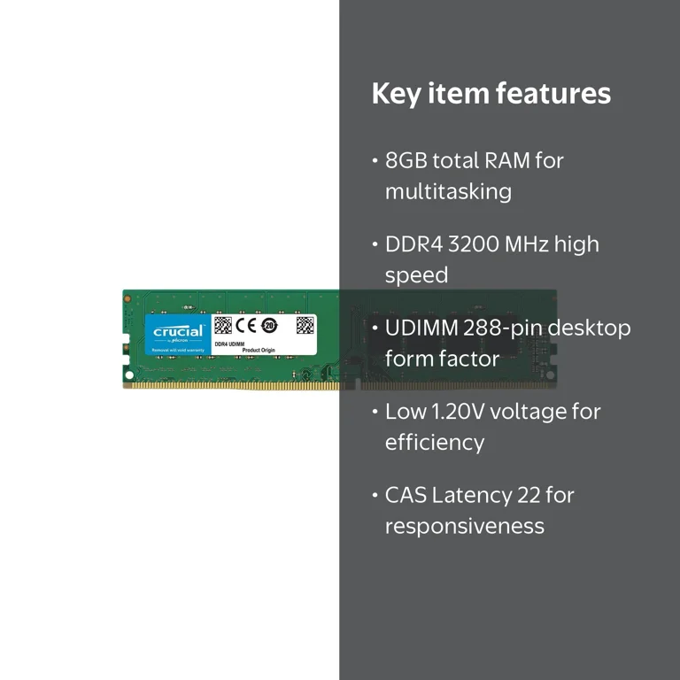 Crucial 8GB DDR4 3200 Gaming PC RAM, 288-Pin Desktop Memory Model