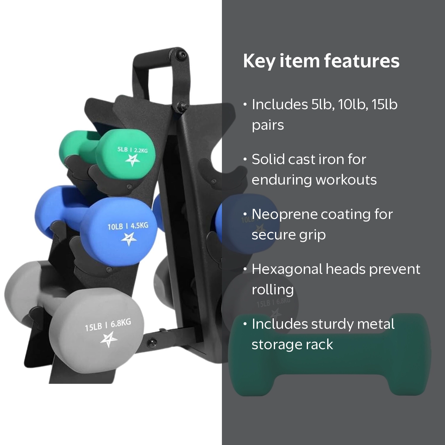 Yes4All, Dumbbell Set, 5-10-15 Lbs, Neoprene Coated, Hexagonal