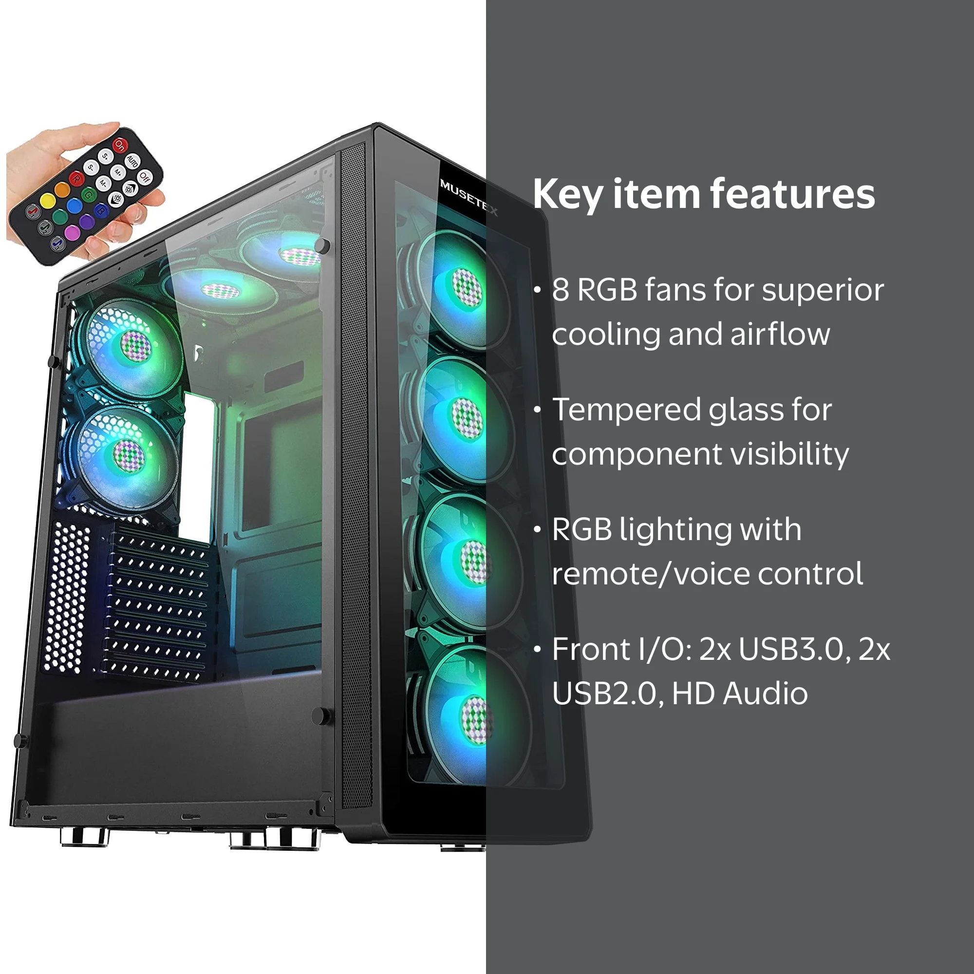 MUSETEX ATX Mid-Tower Computer PC Gaming Case with Remote Control