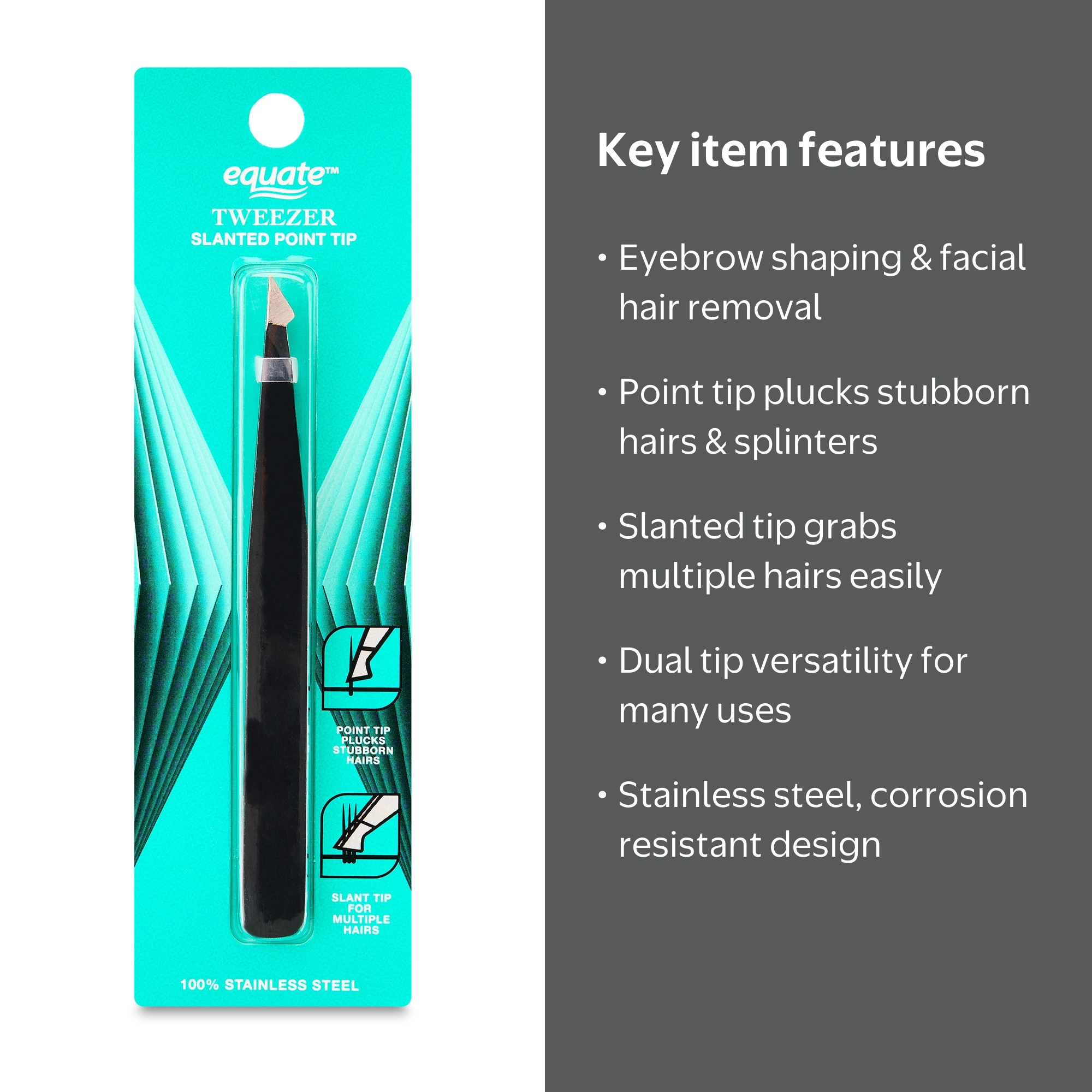 Equate Stainless Steel Eyebrow Tweezers with Slanted and Pointed