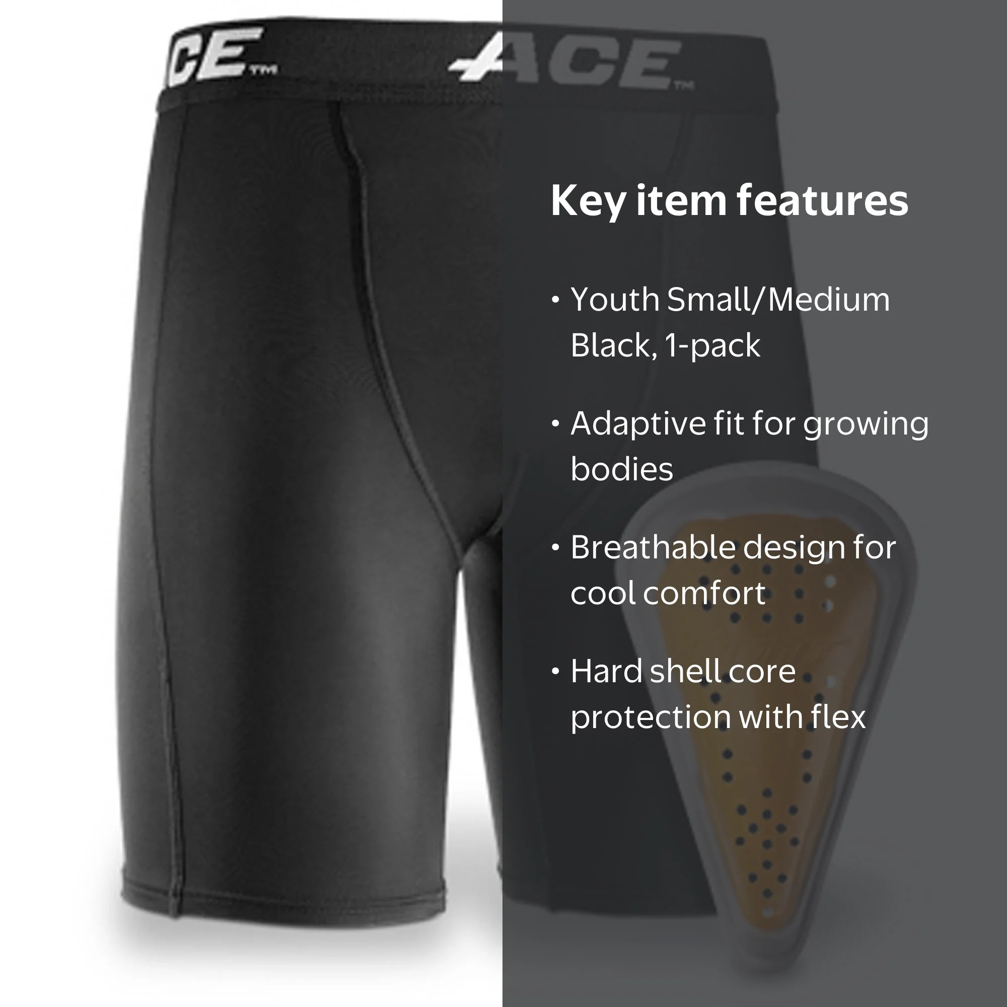 ACE, Compression Shorts and Cup, Youth, Small/Medium, Black