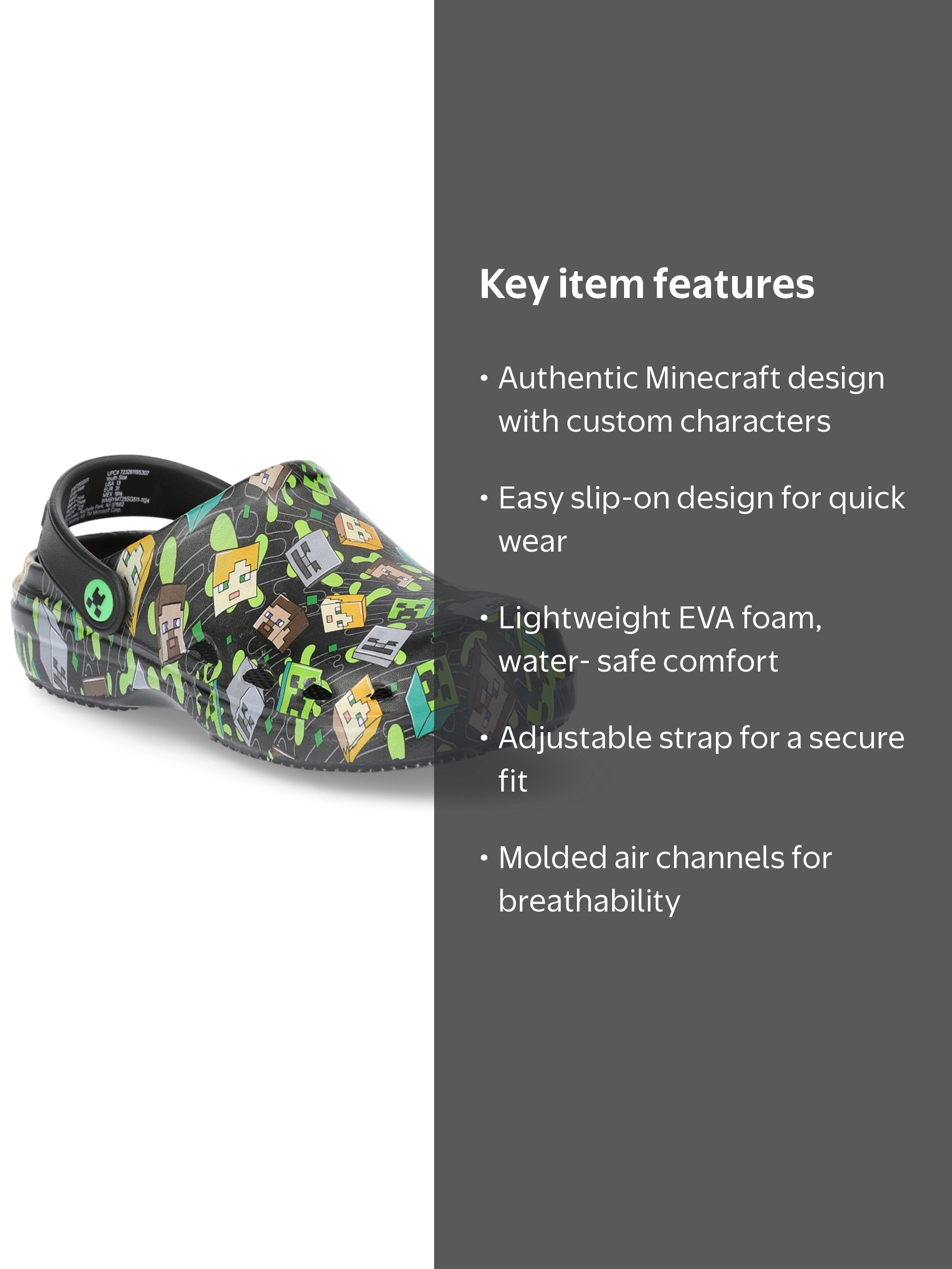 Minecraft Character Print Clogs Men’s Size 6 Black Green Gamer Shoes Minecraft Little & Big Boys EVA Clogs - Walmart.com main image 4