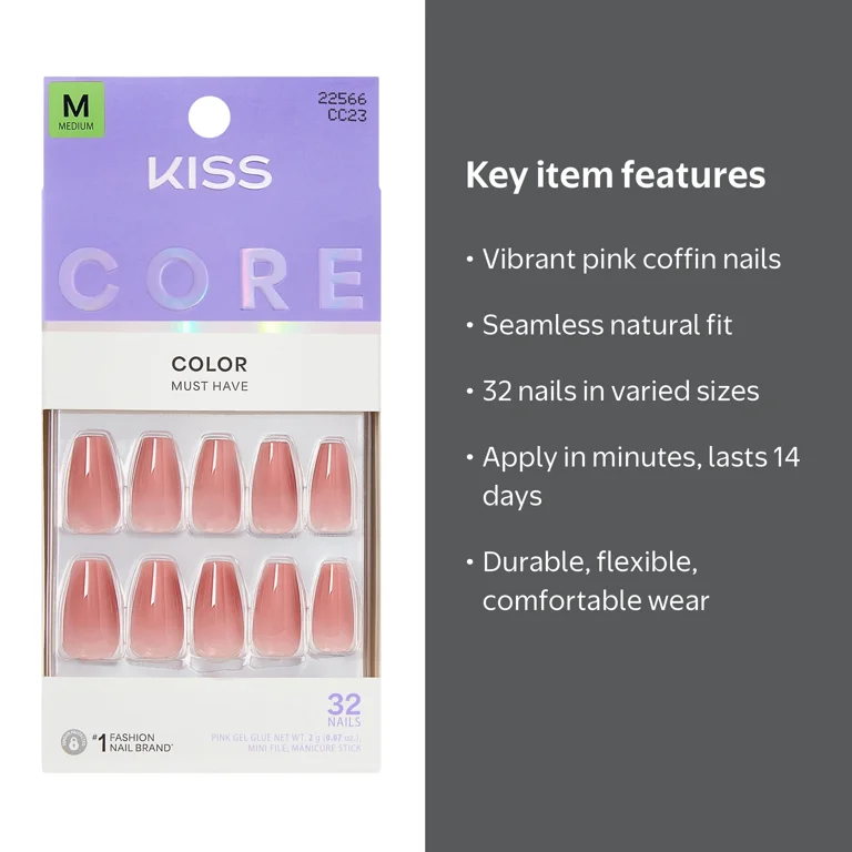 Kiss, Press On Nails, Jubilation, Pink, Medium Coffin, 32 Count