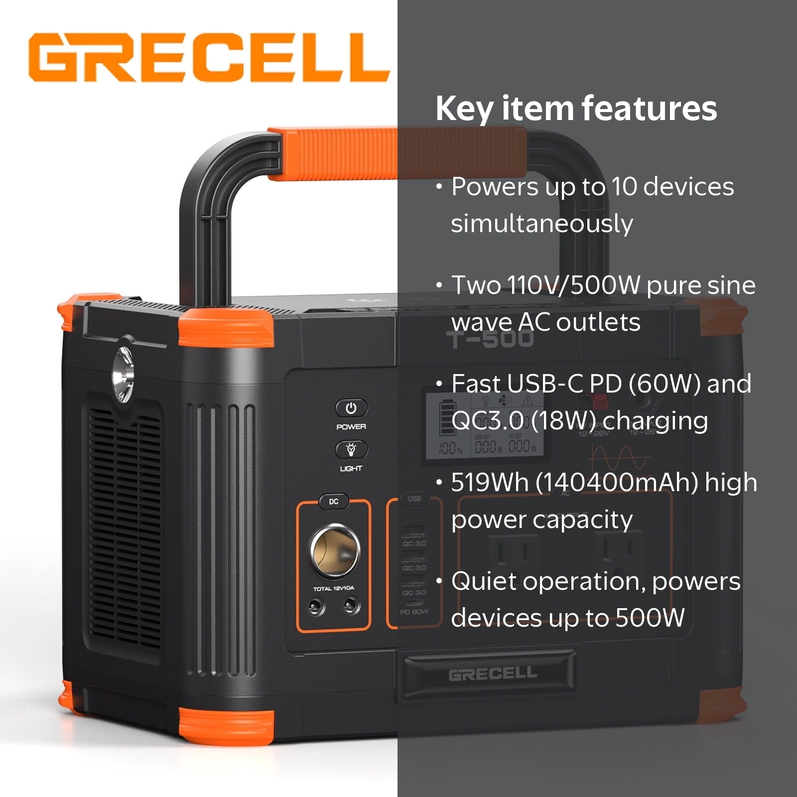 GRECELL 500W Power Station, 519Wh Solar Generator, Lithium Battery