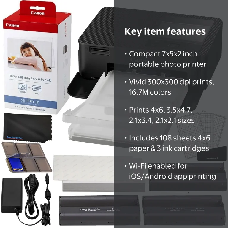Canon Selphy CP1500 Wireless Compact Photo Printer (Black) Bundle