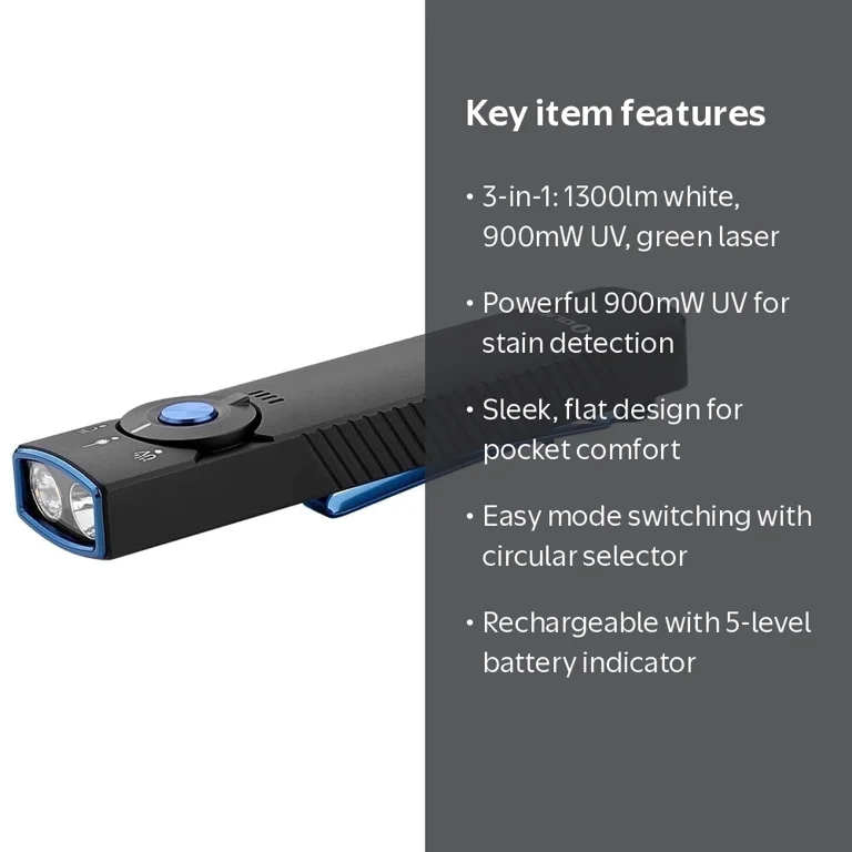 Olight, Rechargeable EDC Flashlight, 1300 Lumens, UV and Laser