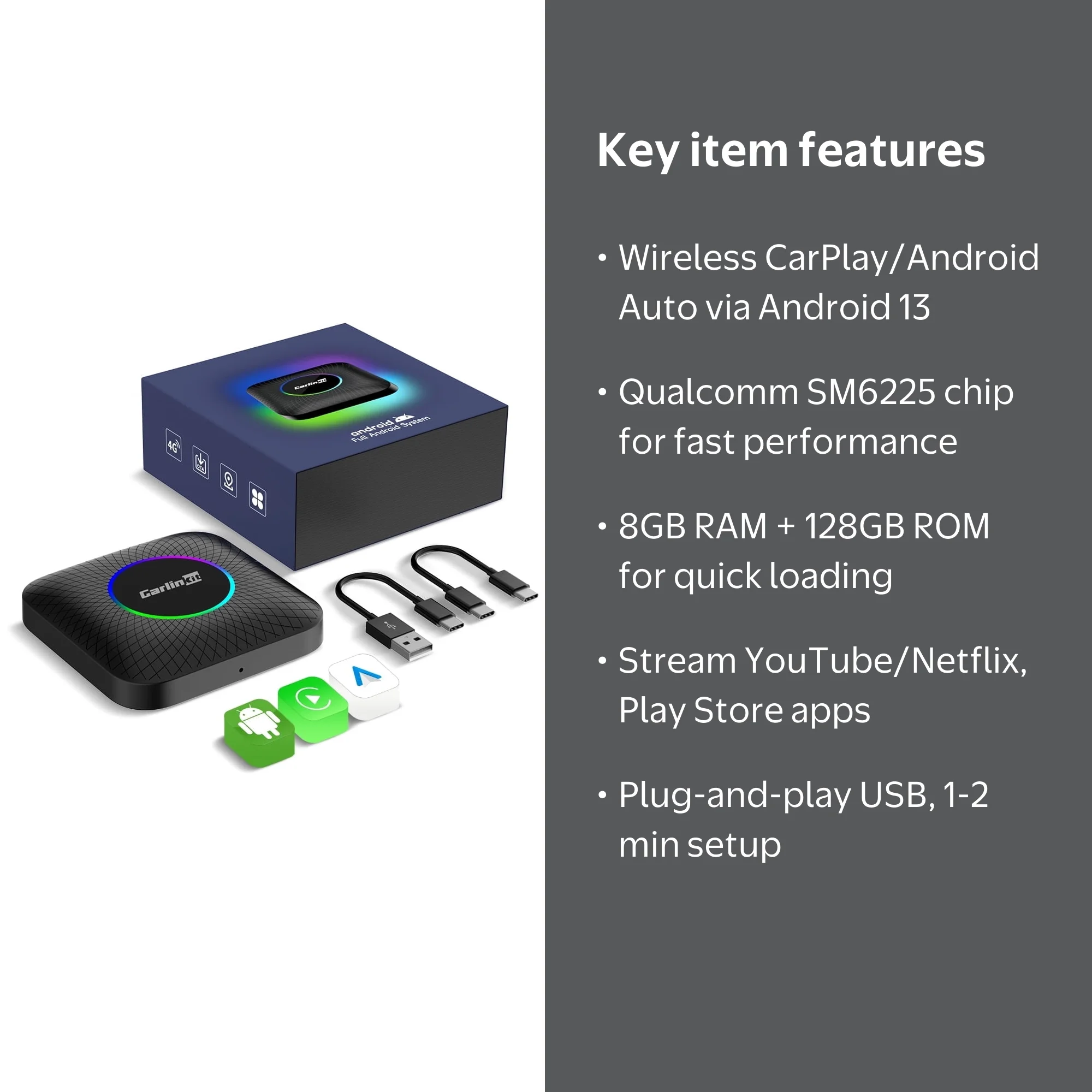 CarlinKit LED AI Box, CarPlay TV Box for Cars, 8+128GB with