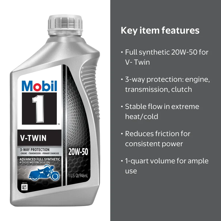 Mobil 1, V-Twin Full Synthetic Motorcycle Oil 20W-50, 1 Quart