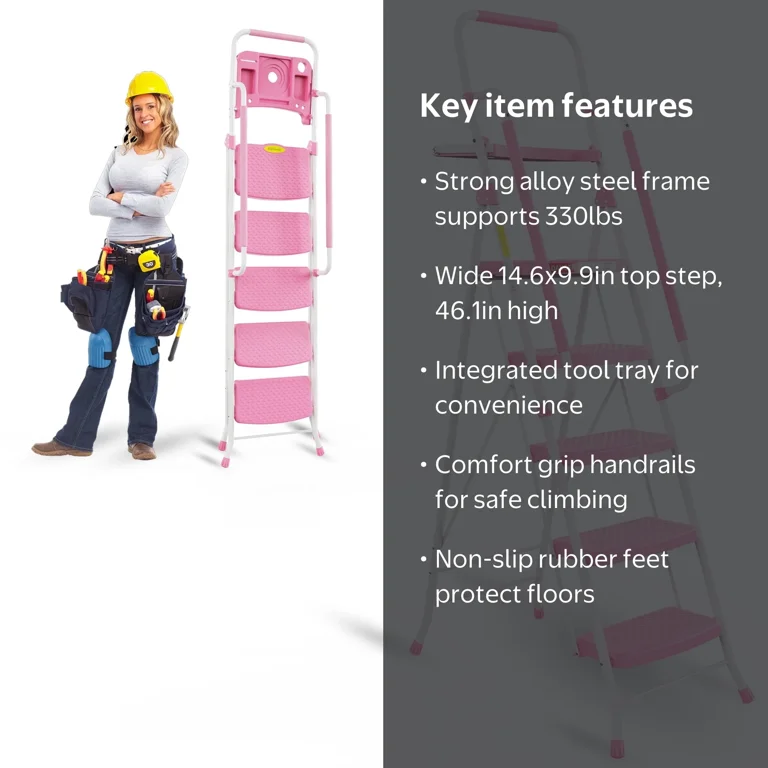 HBTower Folding 5-Step Ladder, Handrails, Tool Tray, Non-Slip Wide