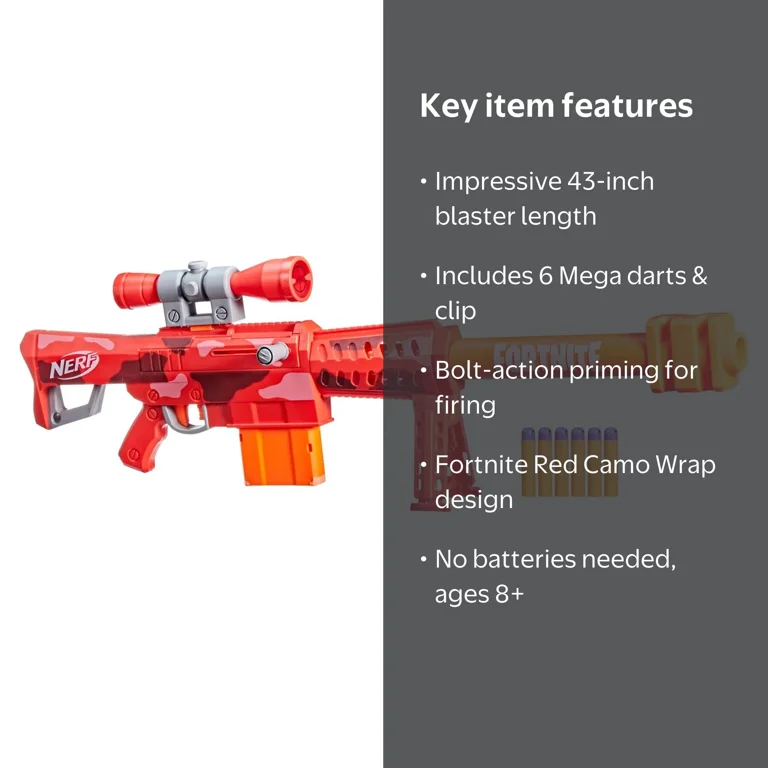 Nerf Fortnite Heavy SR Dart Blaster with Scope, 6 Mega Darts Kids
