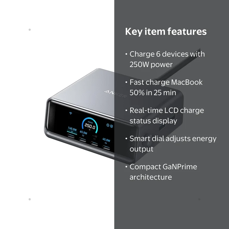 Anker Prime Charger, 250W GaN USB C 6-Port Charging Station