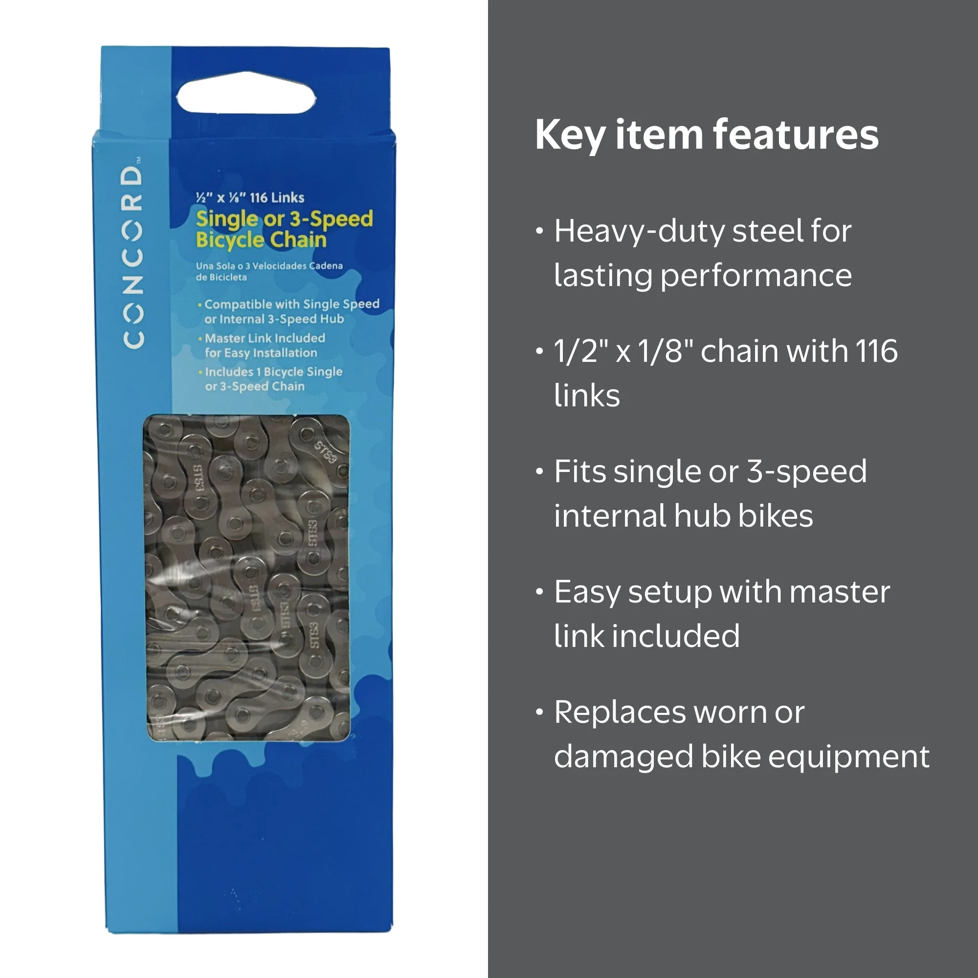 Concord Bikes Single or 3-Speed Replacement Steel Bicycle Chain