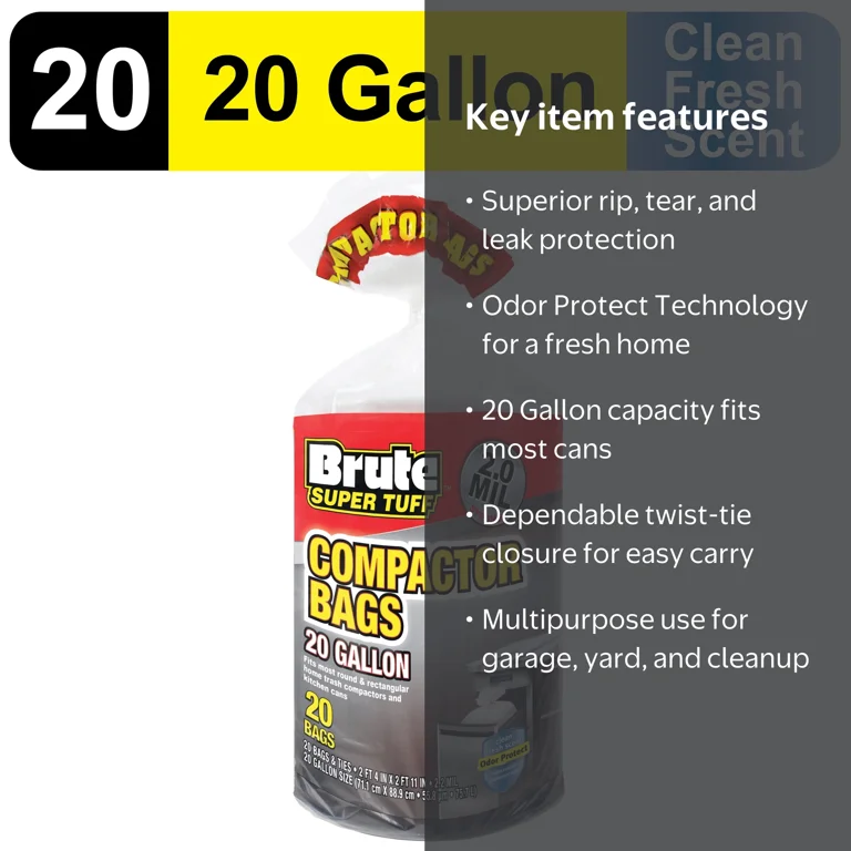 Brute, Super Tuff¬Æ Compactor Trash Bags, 20 Gallon, 20 Bags Twist
