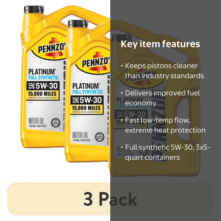 3 pack) Pennzoil Platinum Full Synthetic 5W-30 Motor Oil, 5 Quart