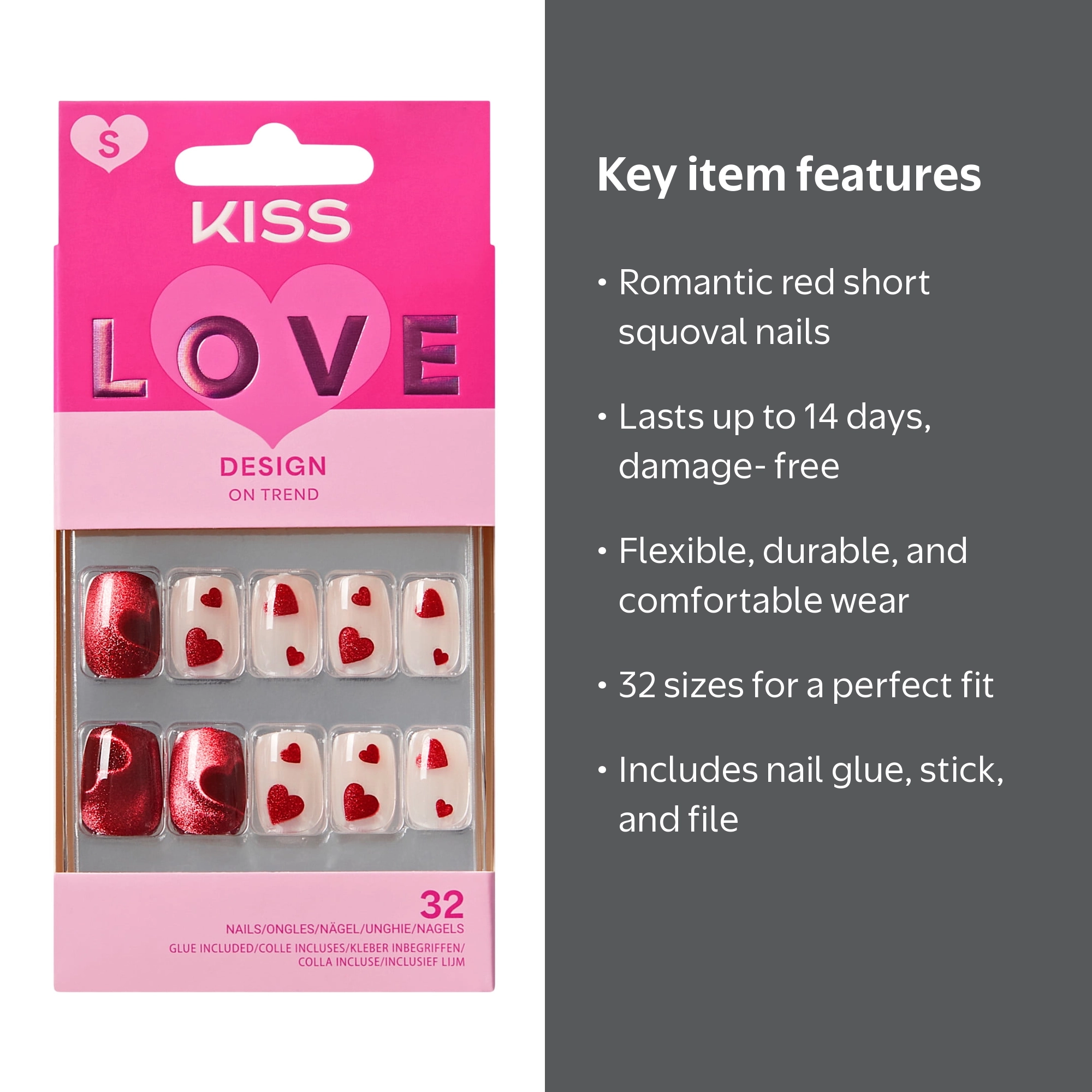 KISS CORE Valentine's Day Press on Nails, Hues of Love, Red, Short