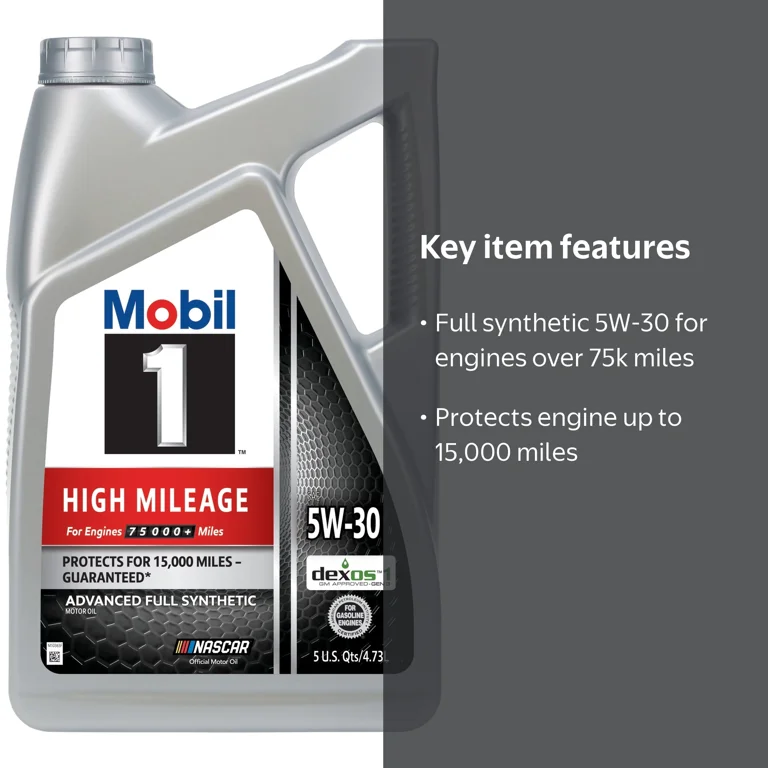 Mobil 1, High Mileage Full Synthetic Motor Oil, 5W-30, 5 Quart