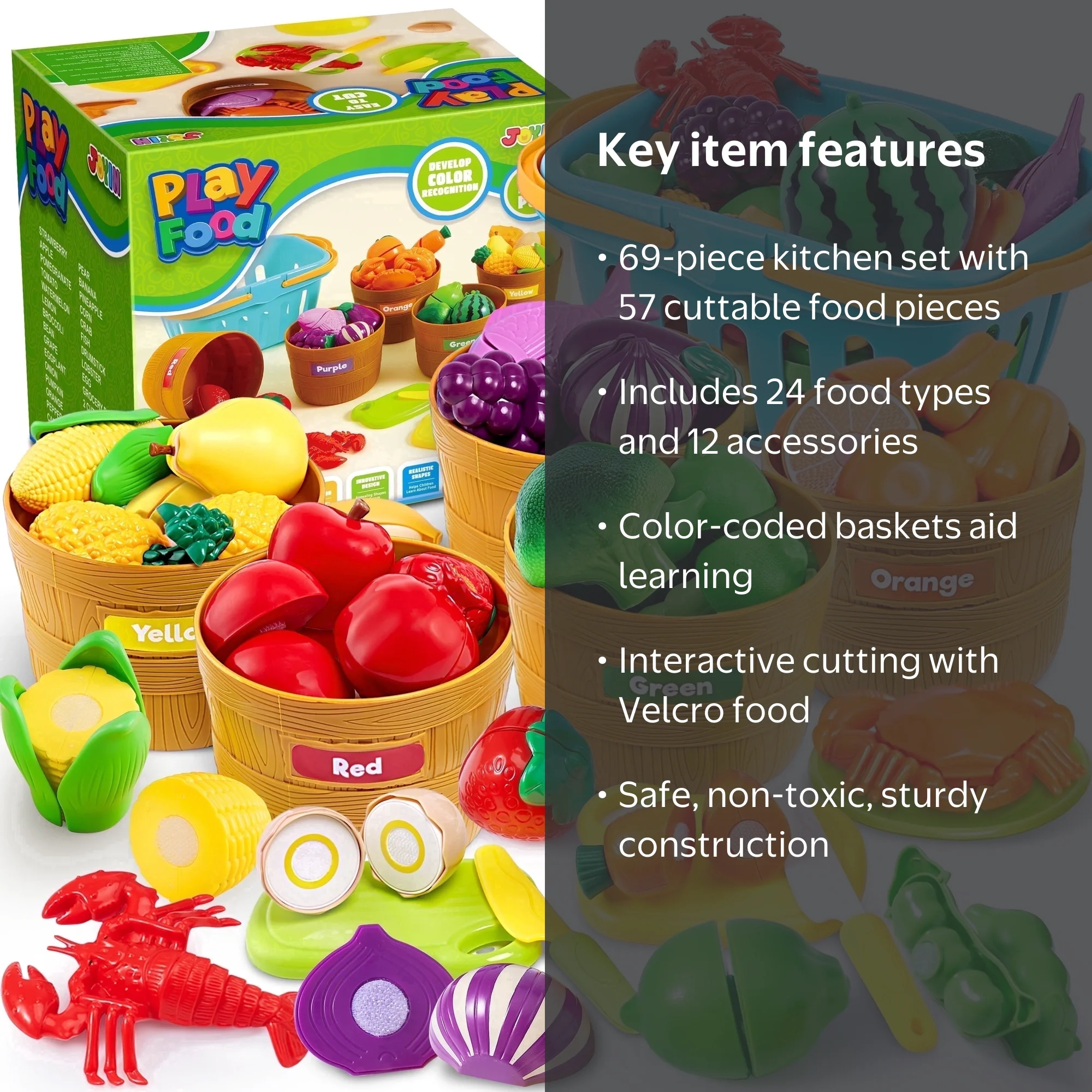 Joyfy Play Food Set for Kids Kitchen 60 Pieces Pretend Food Color