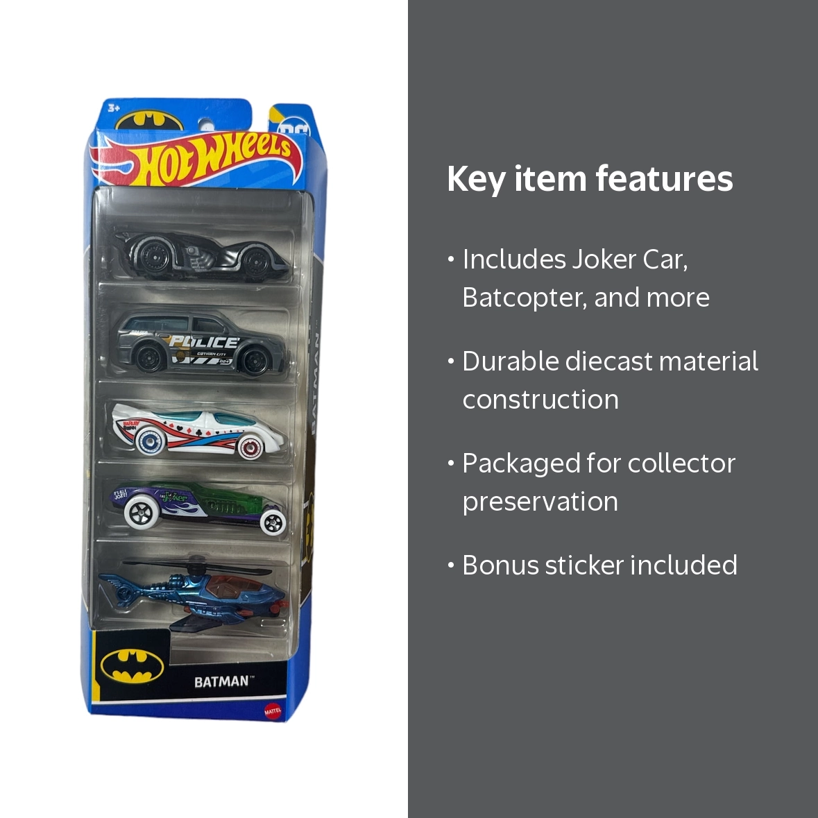 Hot Wheels BATMAN 5 Pack - HTV44 DC COMICS ( Joker Car ) + Free