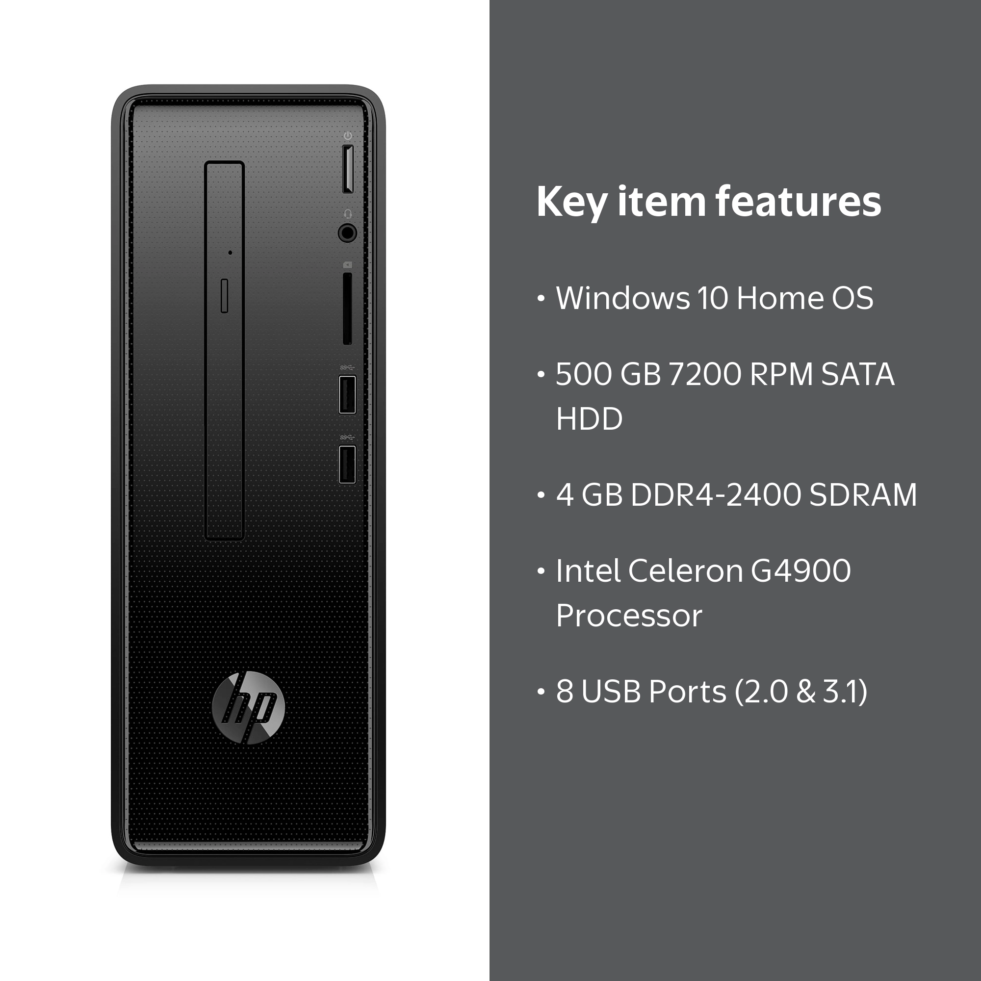 HP Slim 290-p0043w Desktop Tower, Intel Celeron G4900, 4GB RAM