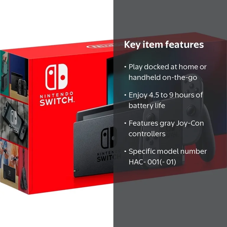 Nintendo, Switch Console, Gray Joy-Con, HD Handheld Battery