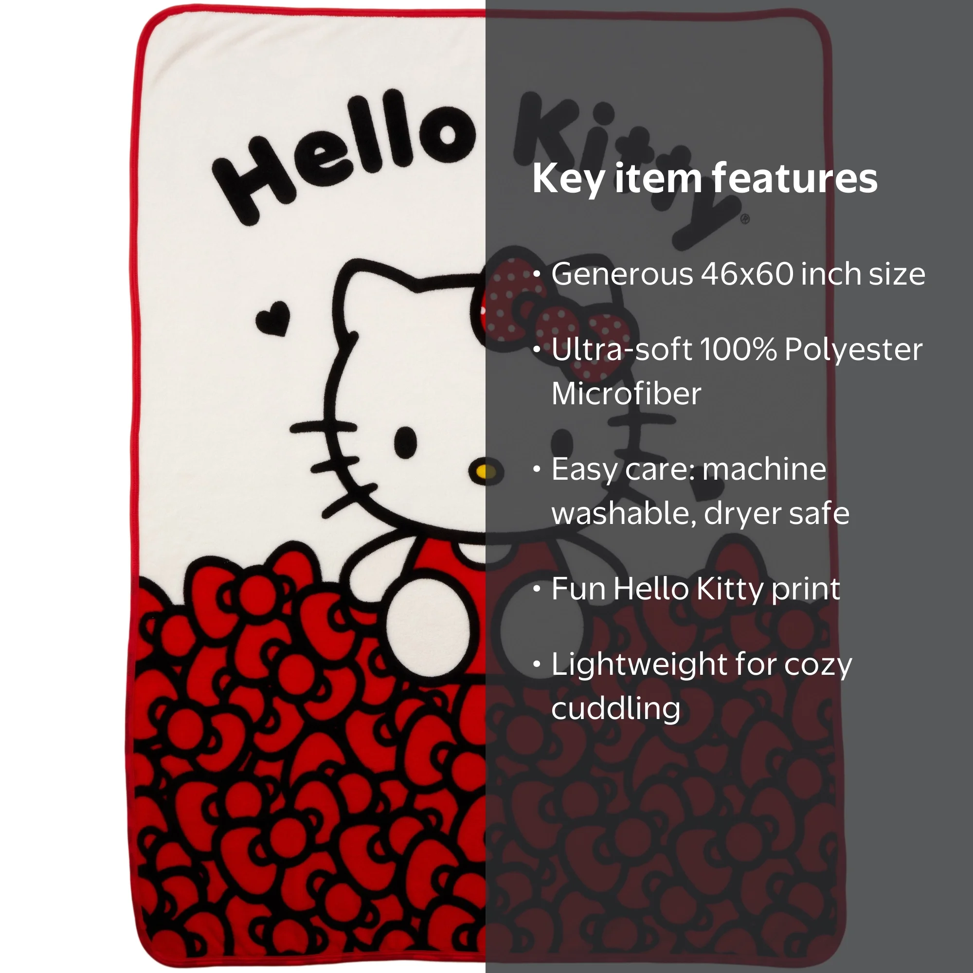 Hello Kitty Kids Red White Print Fleece Throw Blanket, 46 x 60