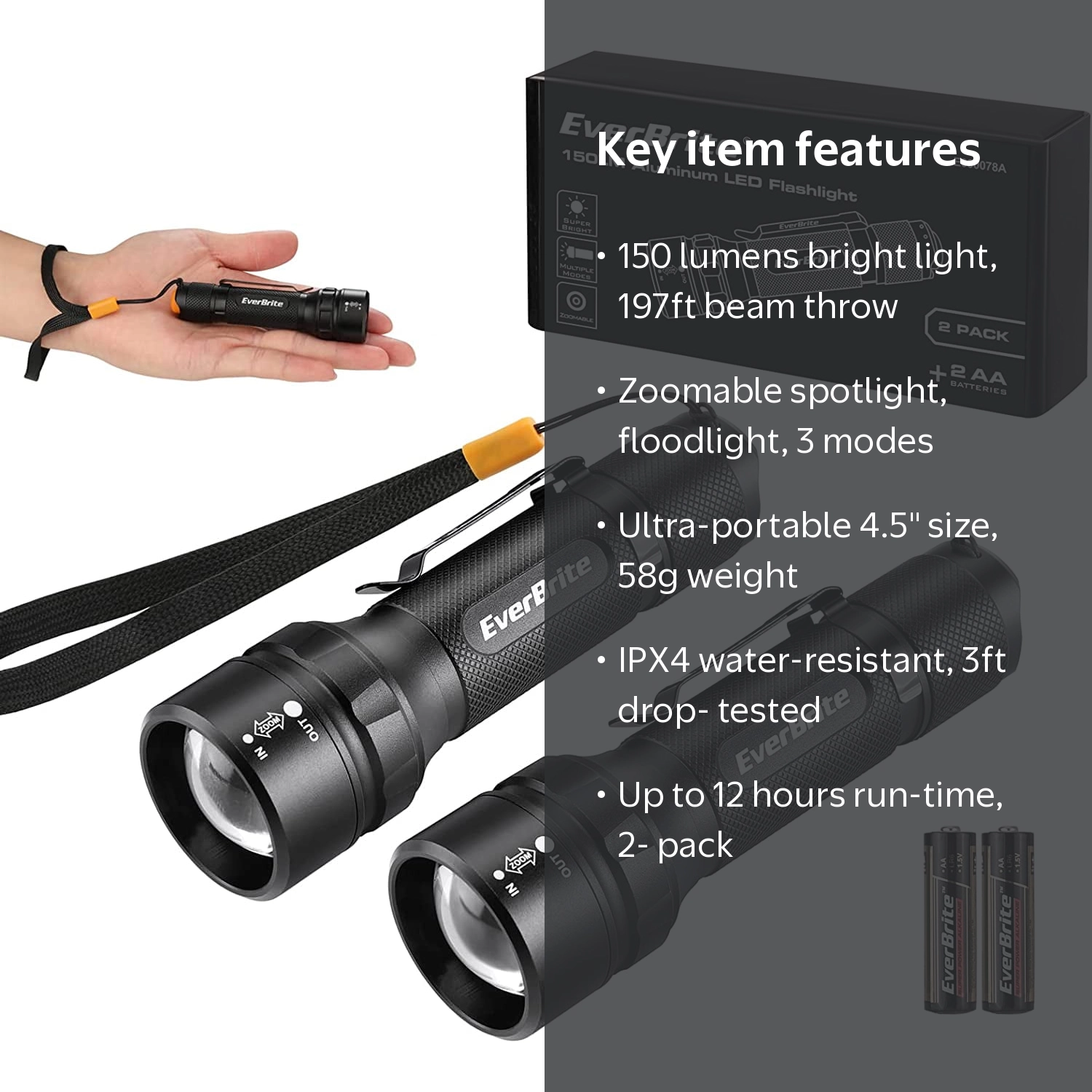 EVERBRITE, 2-Pack Mini LED Flashlight, 150 Lumens, Black - Walmart.com