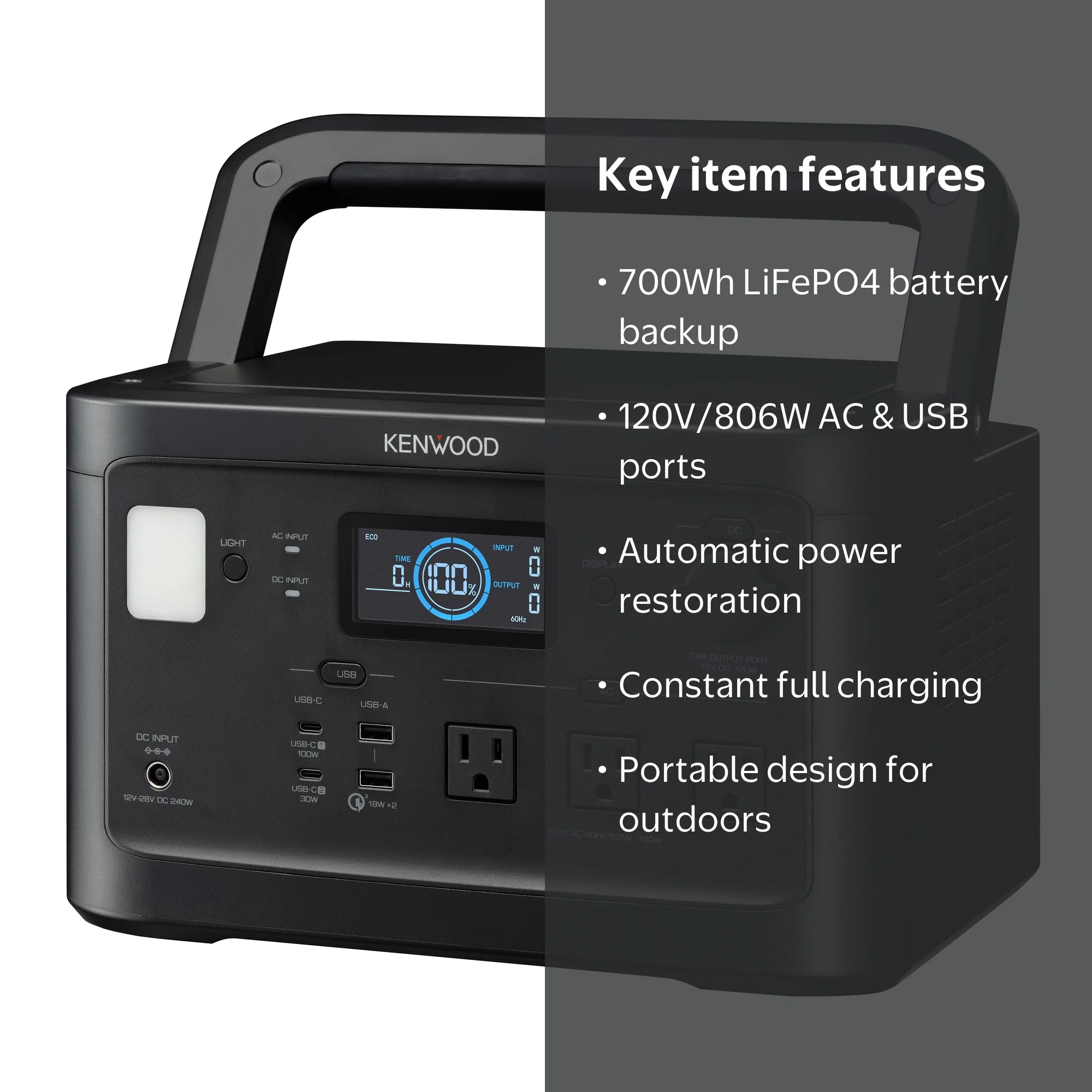 KENWOOD Portable Power Station BN-RK800, 700Wh Backup Lithium Battery,  120V/806W AC Outlets, USB Ports, Automatic Power Supply - Walmart.com