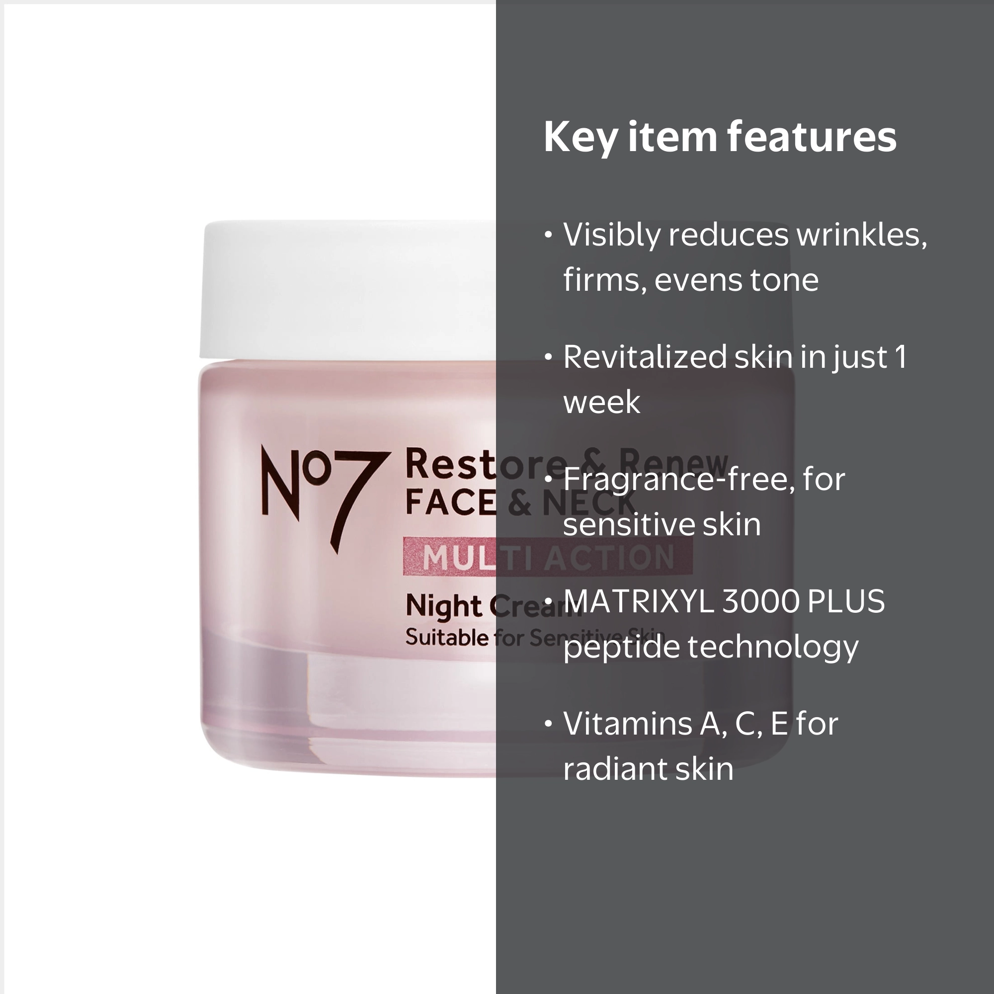 No7 Anti-Aging Restore & Renew Night Cream, Fragrance Free - 1.69