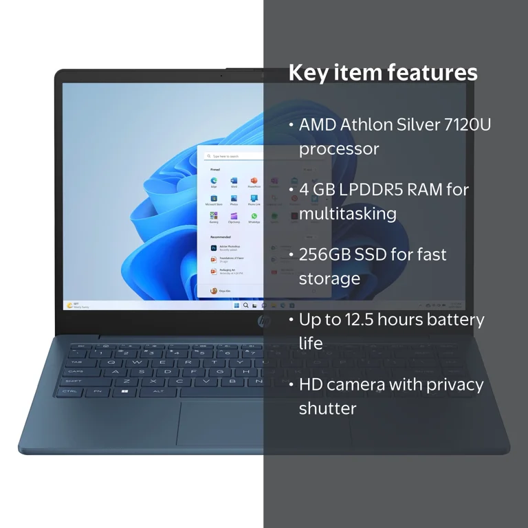 HP 14 inch HD Windows Laptop AMD Athlon Silver 7120U Processor 4GB