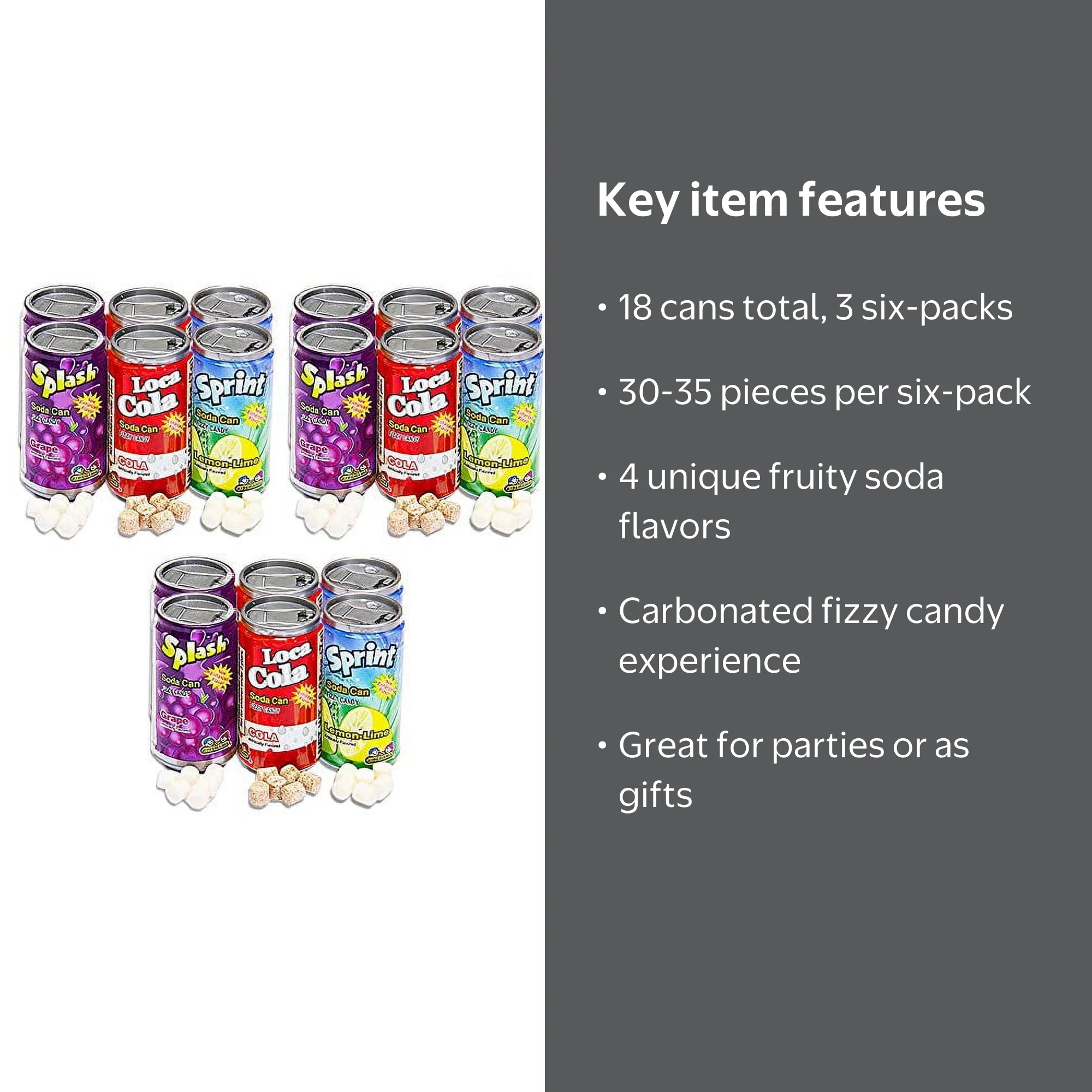 Kidsmania Soda Can Fizzy Candy, 18 Cans Total, 4 Flavors, Party