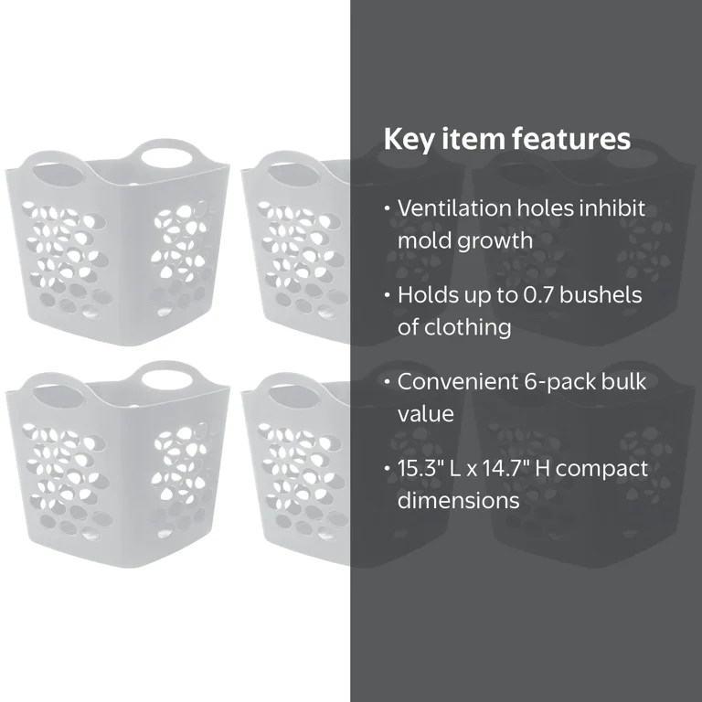 Mainstays Flexible Plastic Laundry Basket, Arctic White, 6 Pack