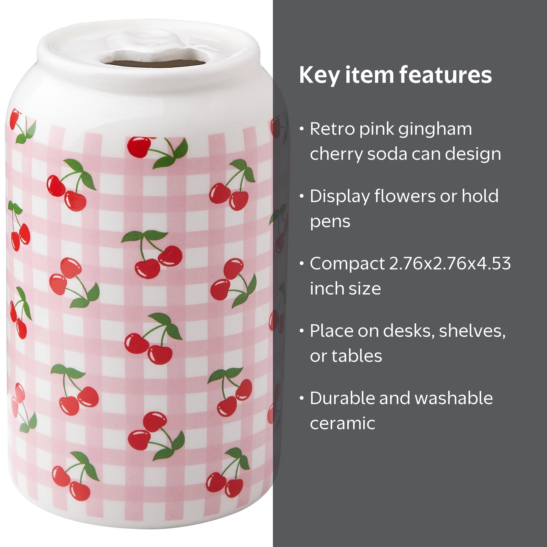 Mainstays Pink Gingham Cherry Soda Can Ceramic Vase, 2.76 in x