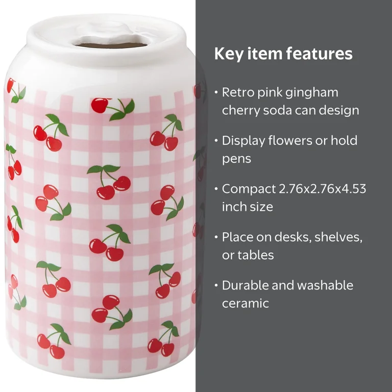 Mainstays Pink Gingham Cherry Soda Can Ceramic Vase, 2.76 in x