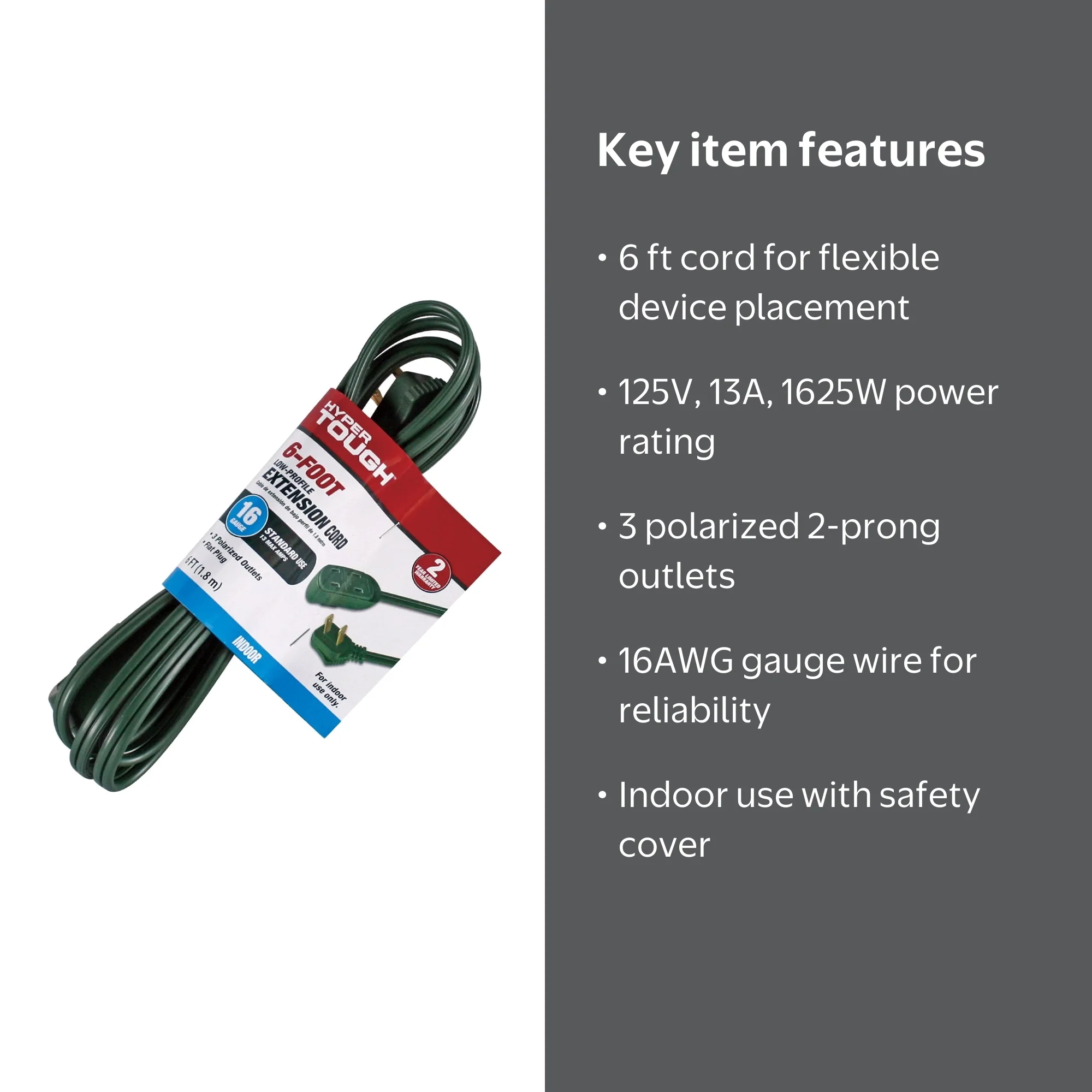 Hyper Tough Indoor 6FT Green 16AWG Extension Cord with 3 Polarized