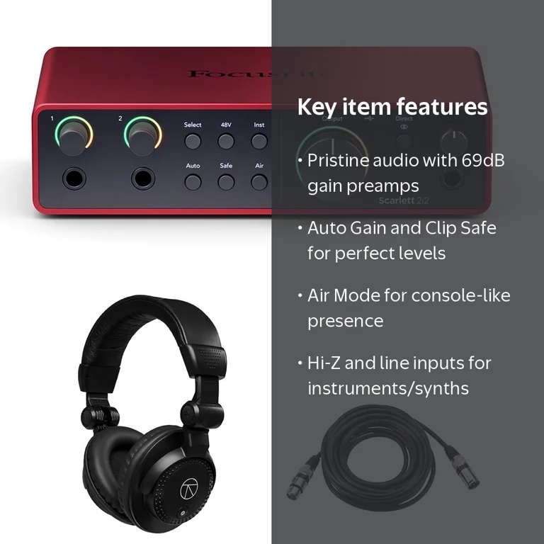 Focusrite Scarlett 2i2 4th Gen USB Interface, TAPH100 Headphones