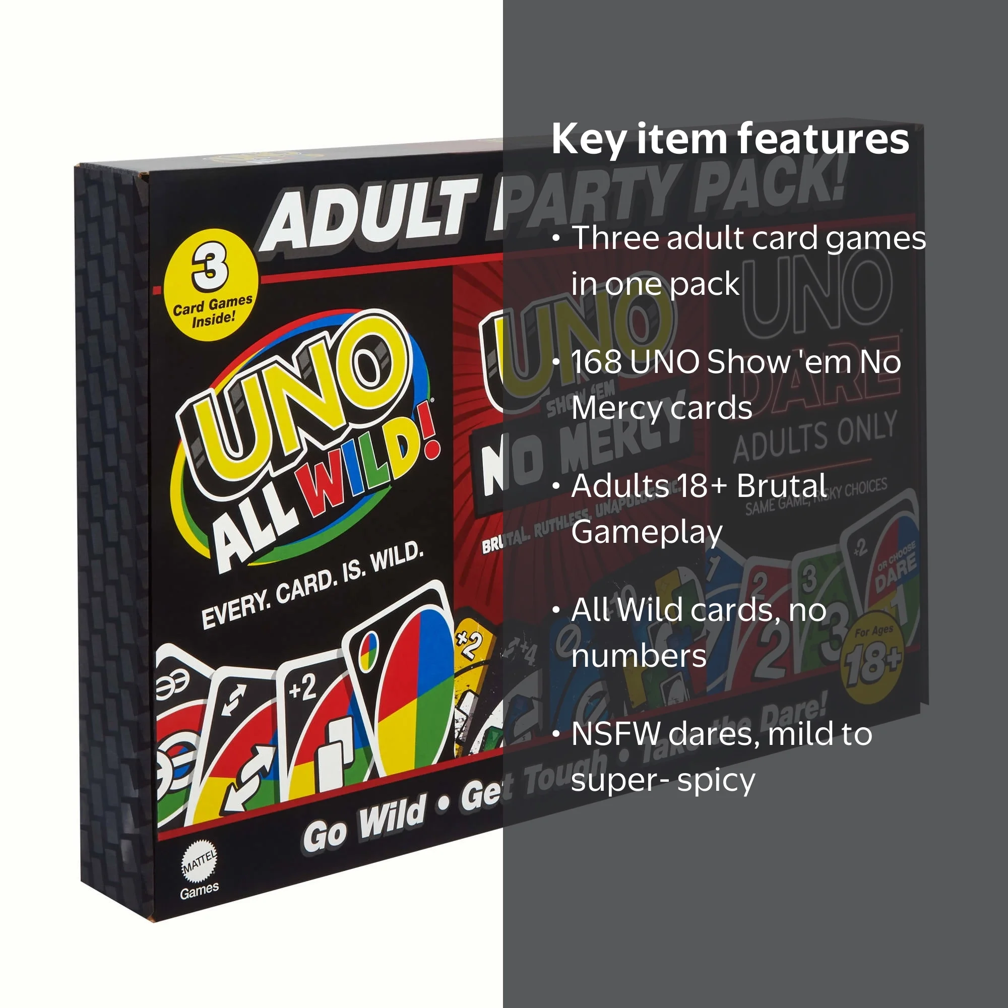 UNO All Wild, UNO Show 'em No Mercy, UNO Dare Adults Only 3 Card