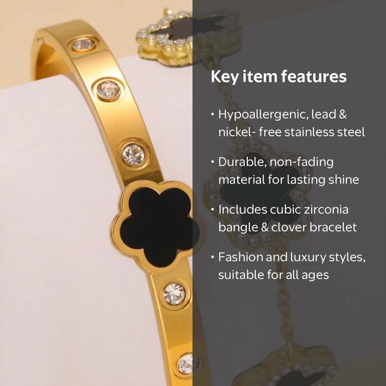 2-Piece Gold Plated Bracelet Set for Women - Four-Leaf Clover
