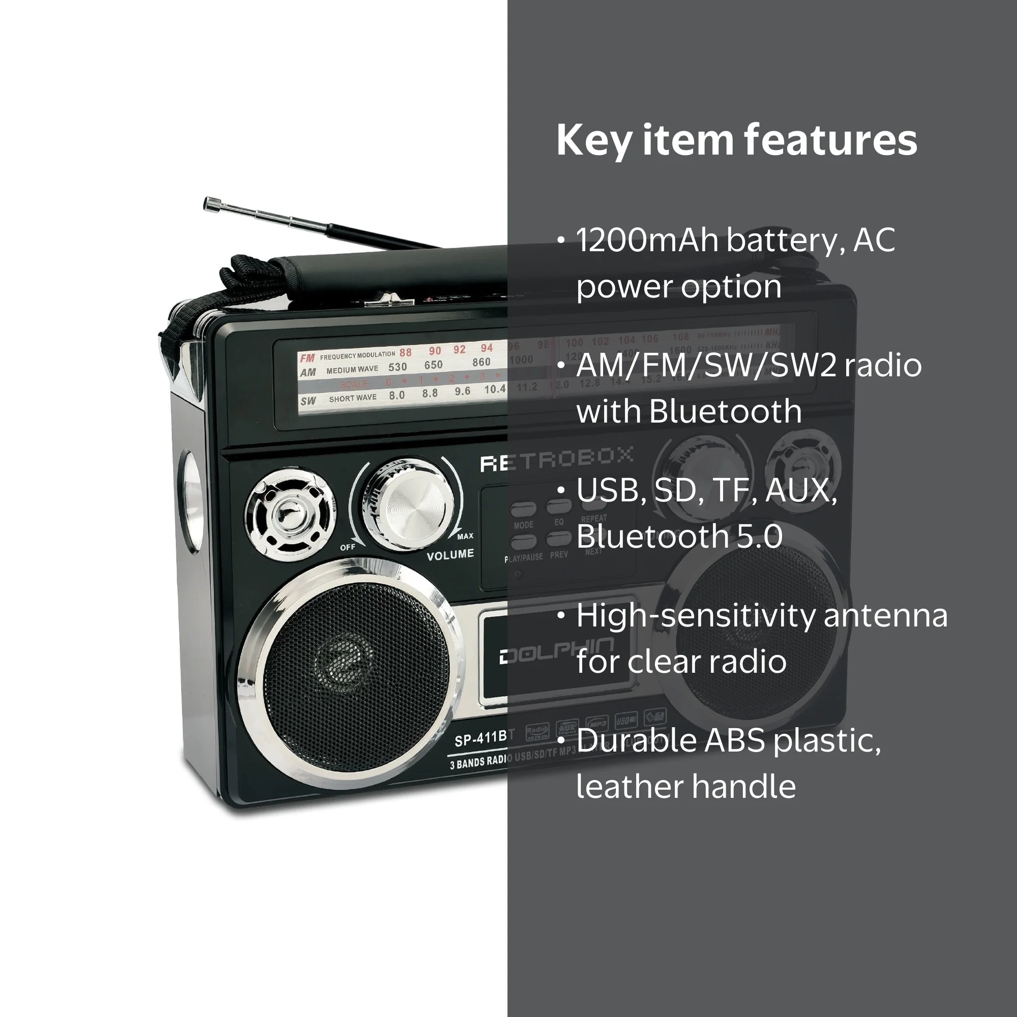 Dolphin, Retro Bluetooth Radio with AM FM SW, Black, Model SP