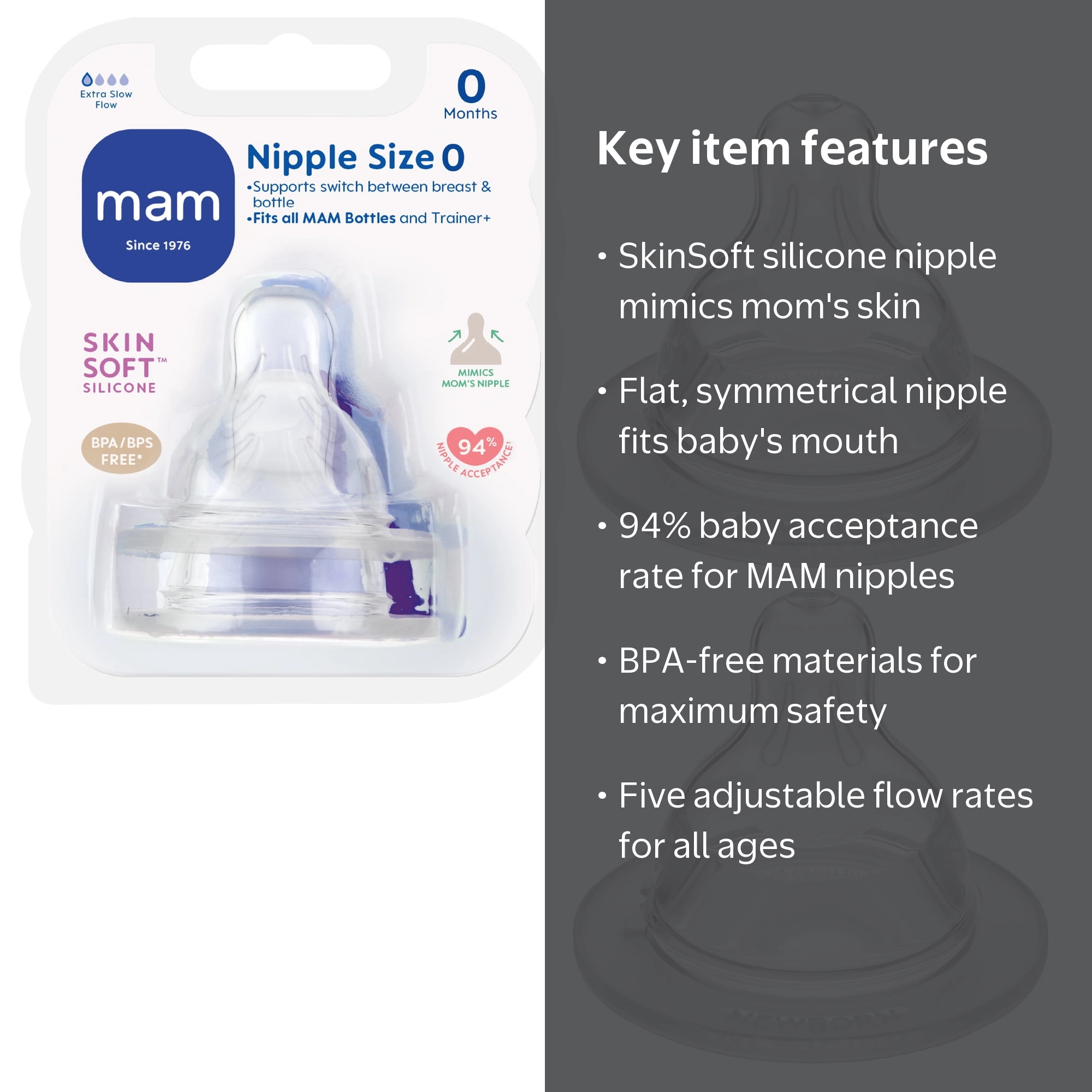 MAM Extra Slow Flow Bottle Nipple for Newborns, BPA-Free Silicone