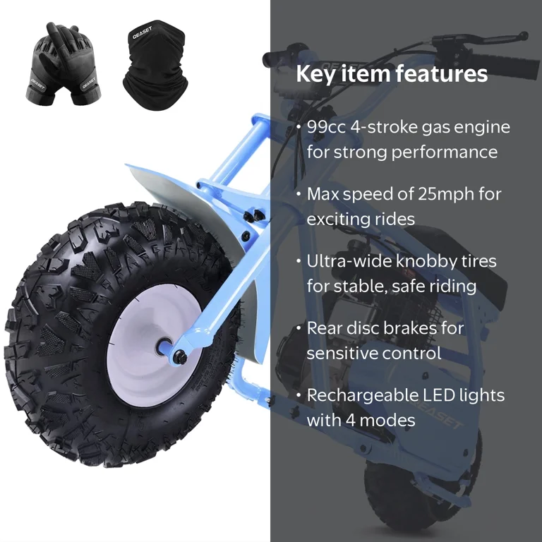 99cc Dirt Bike, Gas Powered, 4-Stroke with LED Headlight, 25MPH