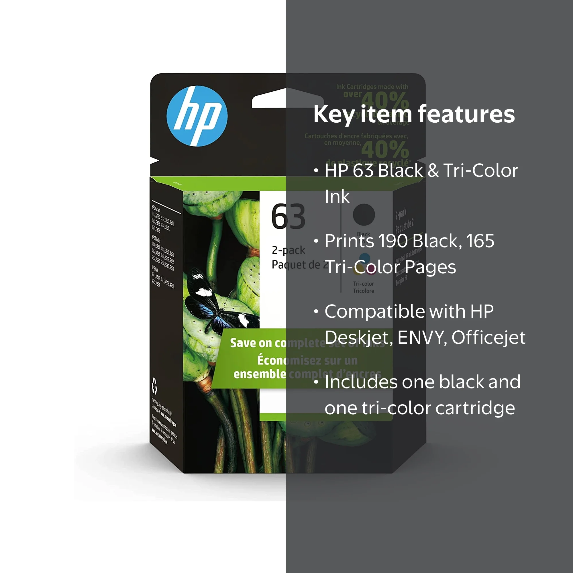 HP 63 Black, Tri-Color Ink Cartridge, DeskJet, OfficeJet, Envy