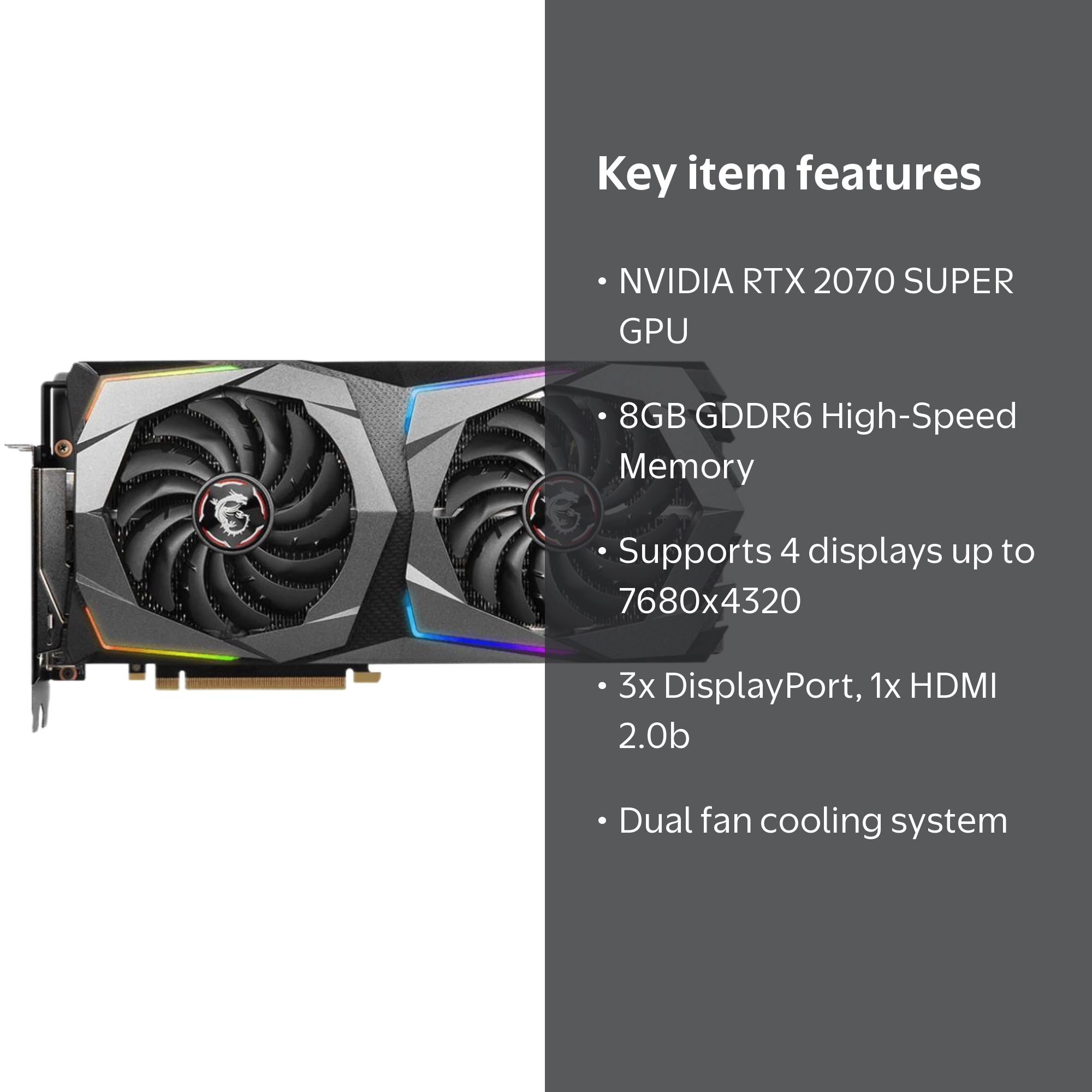 MSI GeForce RTX 2070 SUPER GAMING X RGB, 8GB GDDR6, Dual Fan
