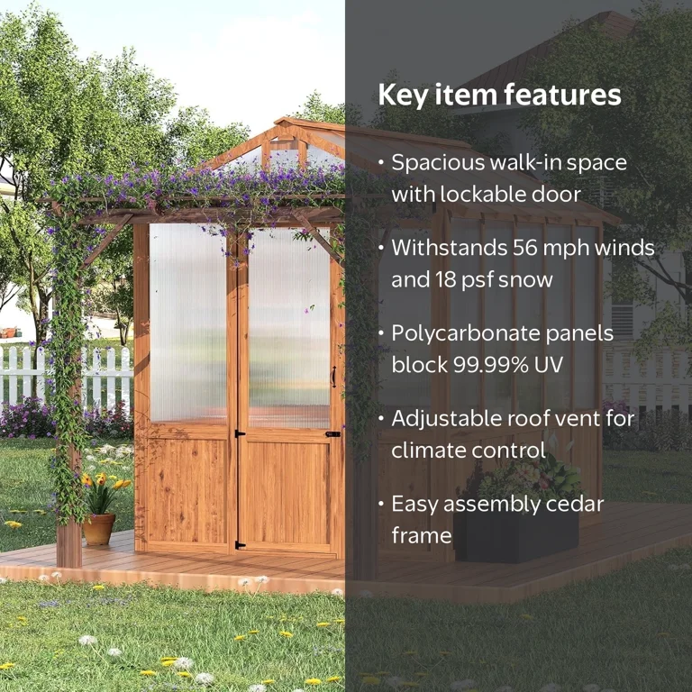 7x13 FT Walk-in Greenhouse with Pergola – Cedar Wood Frame, Clear