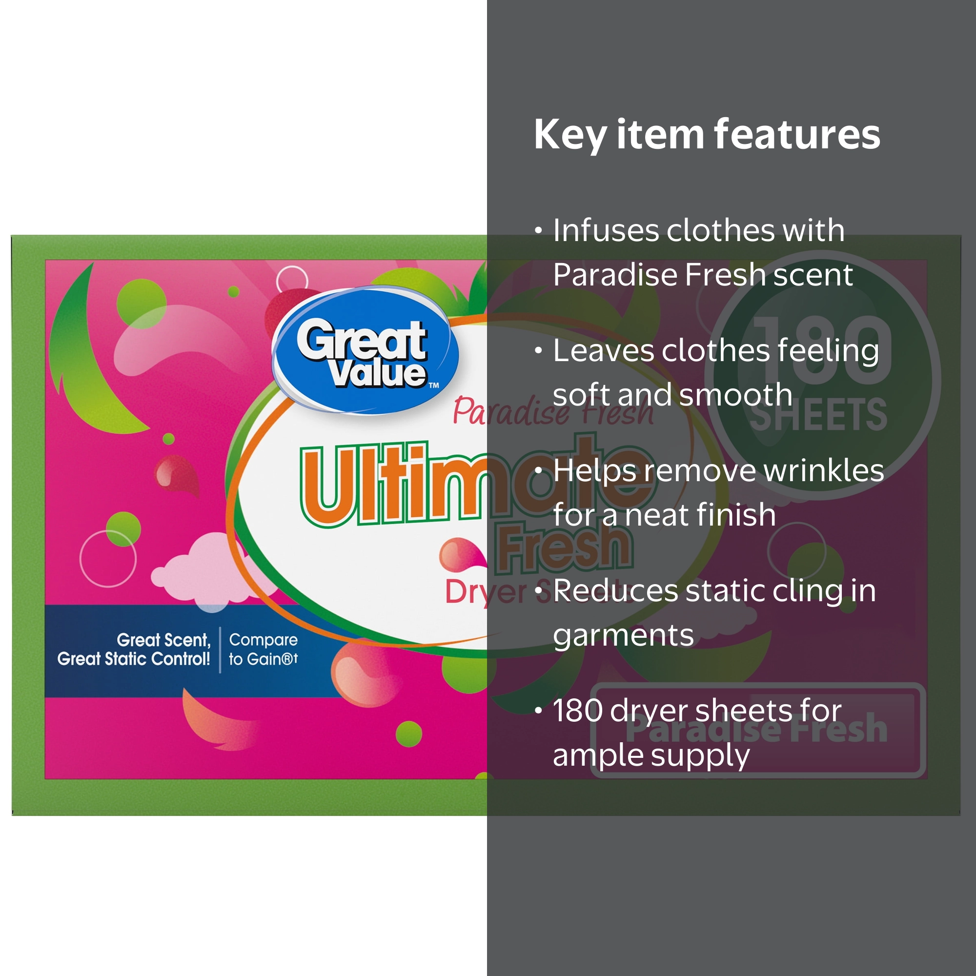 Great Value Ultimate Fresh Dryer Sheets Paradise Fresh 180 Count