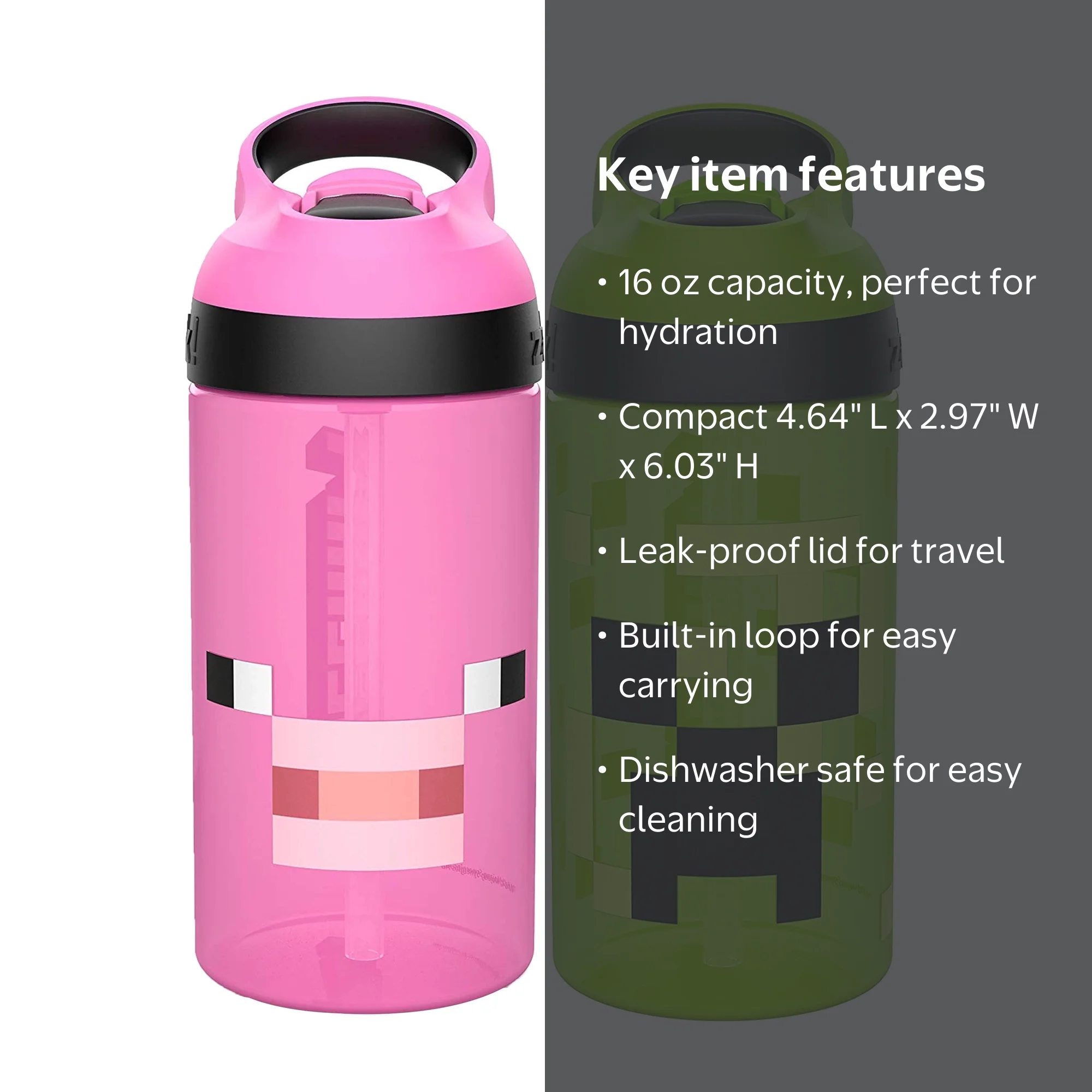 Zak Designs 2pk 16 oz Kids Water Bottle, Minecraft Creeper & Pig
