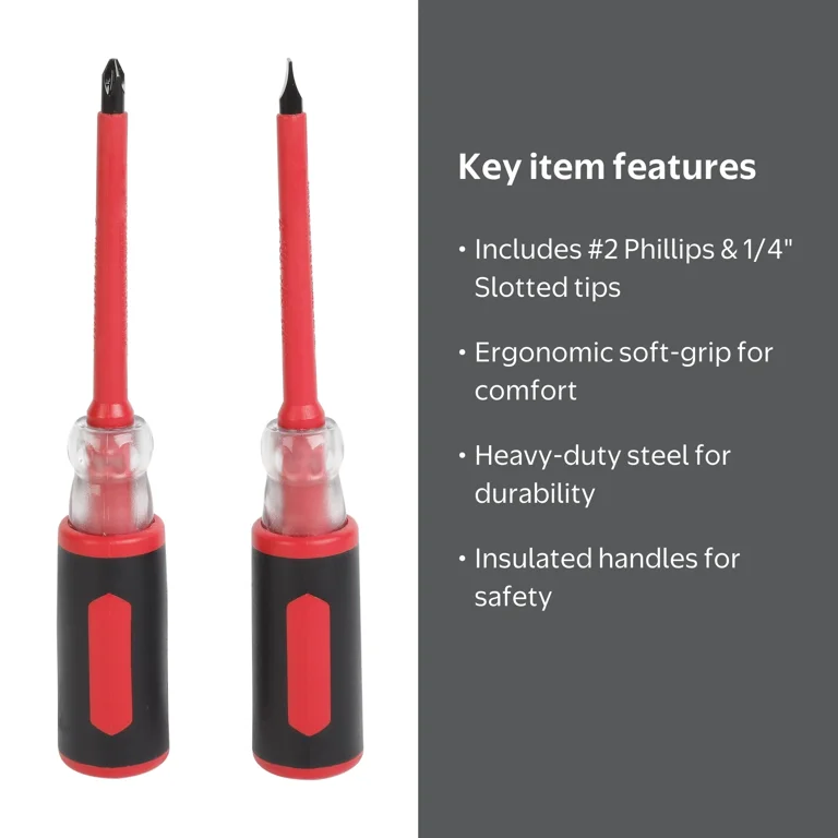 Hyper Tough Insulated Screwdriver Set 2-Piece Ergonomic Soft-Grip