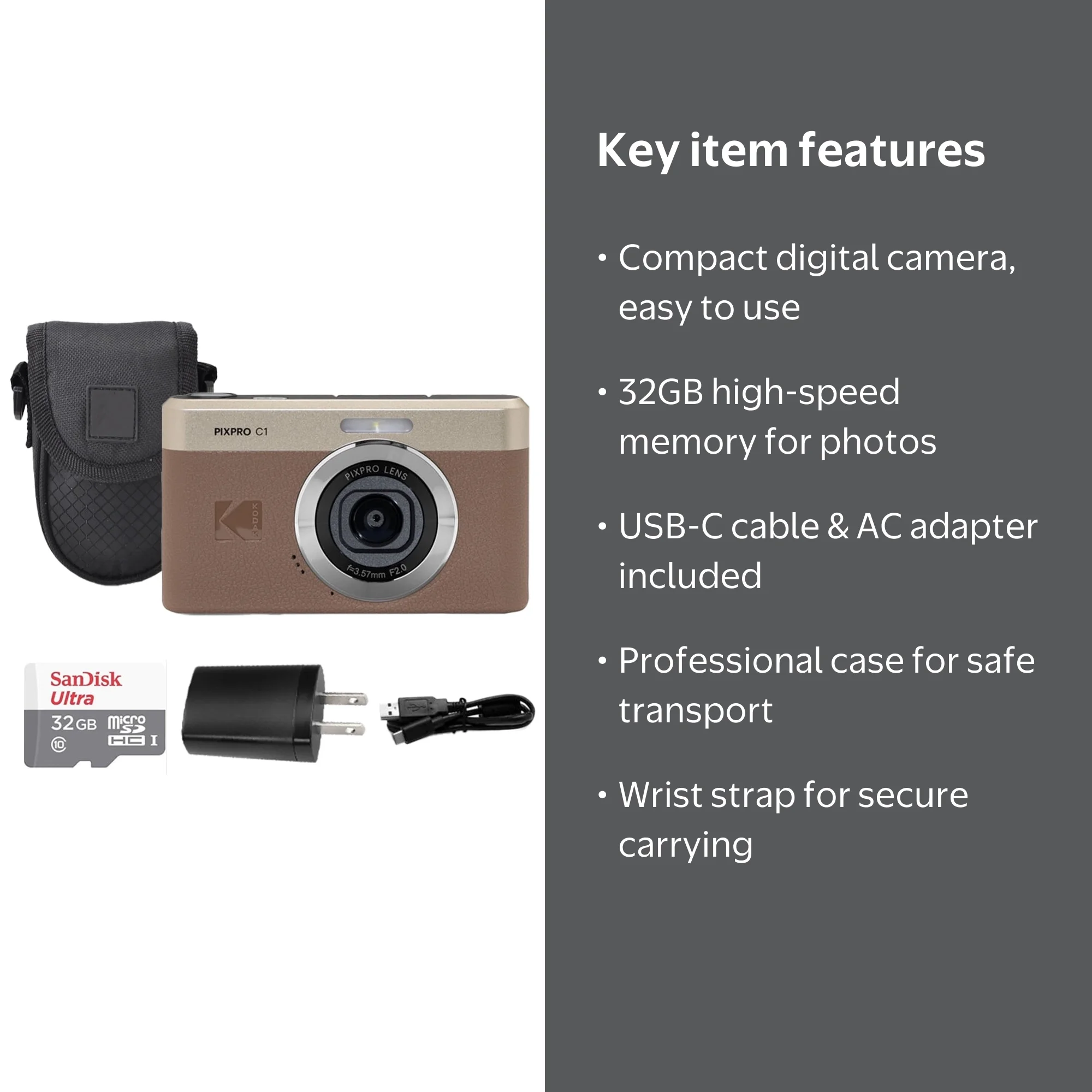 Kodak PIXPRO C1 Compact Digital Camera Brown + 32GB Memory Card +