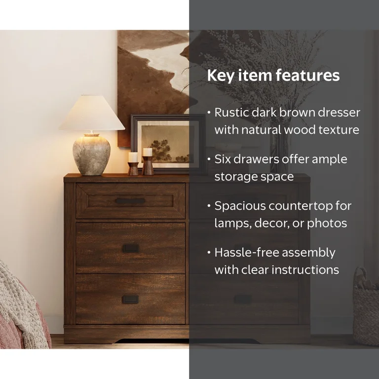 WAMPAT 6 Drawer Dresser for Bedroom,Modern Farmhouse Storage Dresser with Wide Chest of Drawers and Pre-Assembled Drawer Glides for Living 