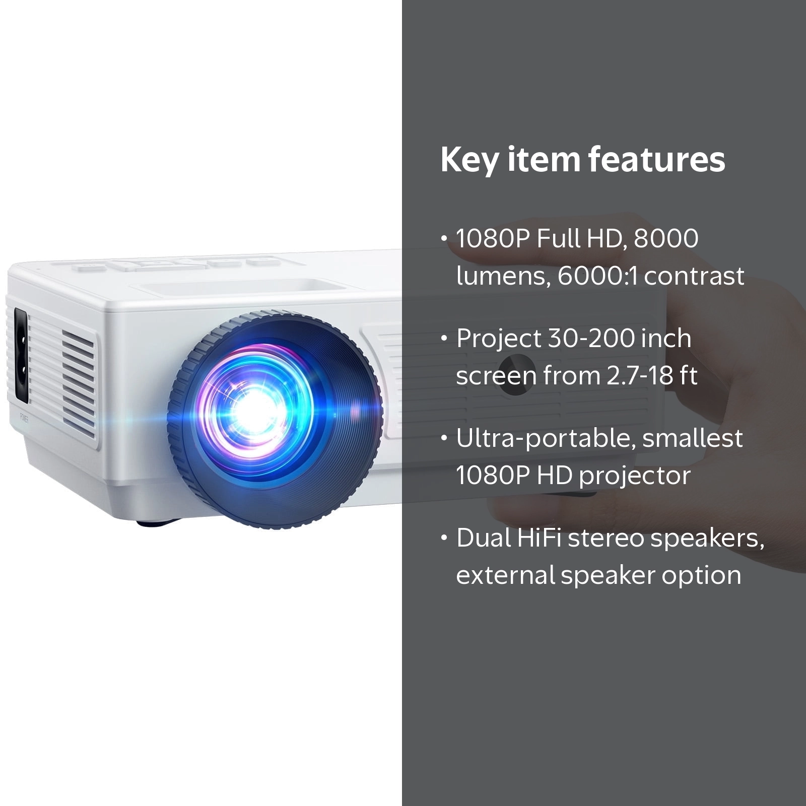 Free Shipping! ELEPHAS Mini Projector 1080P Portable HD 200-inch